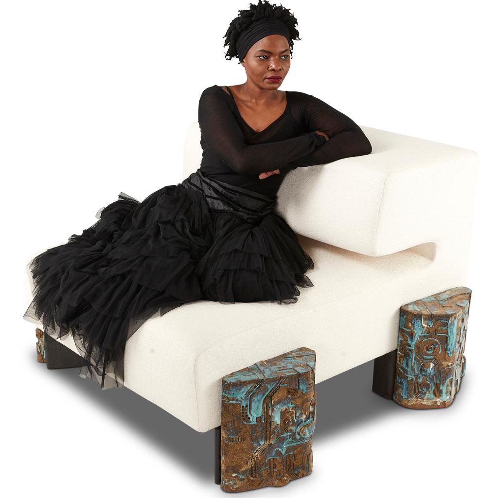 Upholstery So Disco Modern 70's Inspired Ceramic Leg & Boucle' Lounge Chair by Egg Designs For Sale