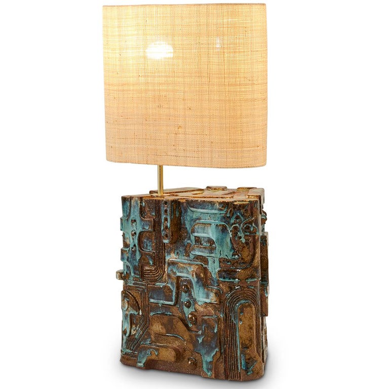 Contemporary So Disco Modern 70's Inspired Ceramic Raffia & Brass Table Lamp by Egg Designs  For Sale