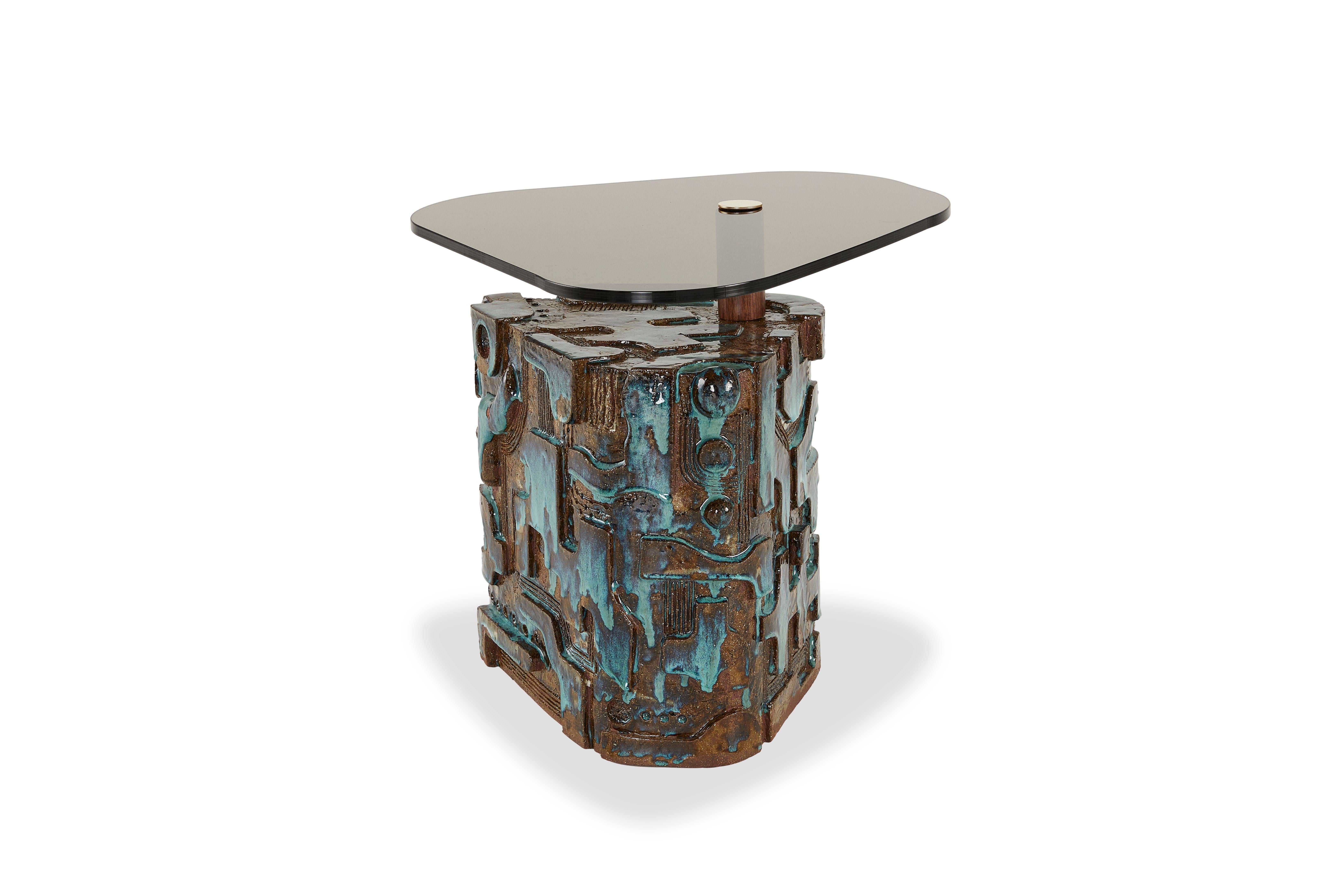 So Disco side table by Egg Designs
Dimensions: 56 L X 51 D X 52 H cm 
Materials: Smokey Glass, Walnut Timber, Brass, Handmade Ceramic

Founded by South Africans and life partners, Greg and Roche Dry - Egg is a unique perspective in contemporary