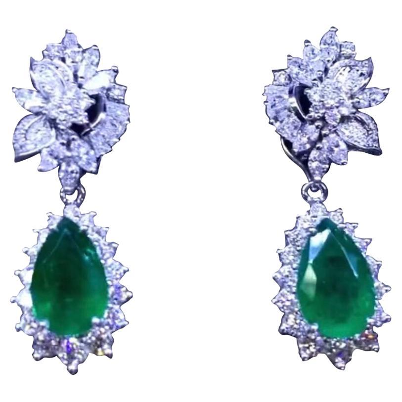 AIG Certified 15.00 Carats Zambian Emeralds  6.50 Ct Diamonds 18K Gold Earrings  For Sale