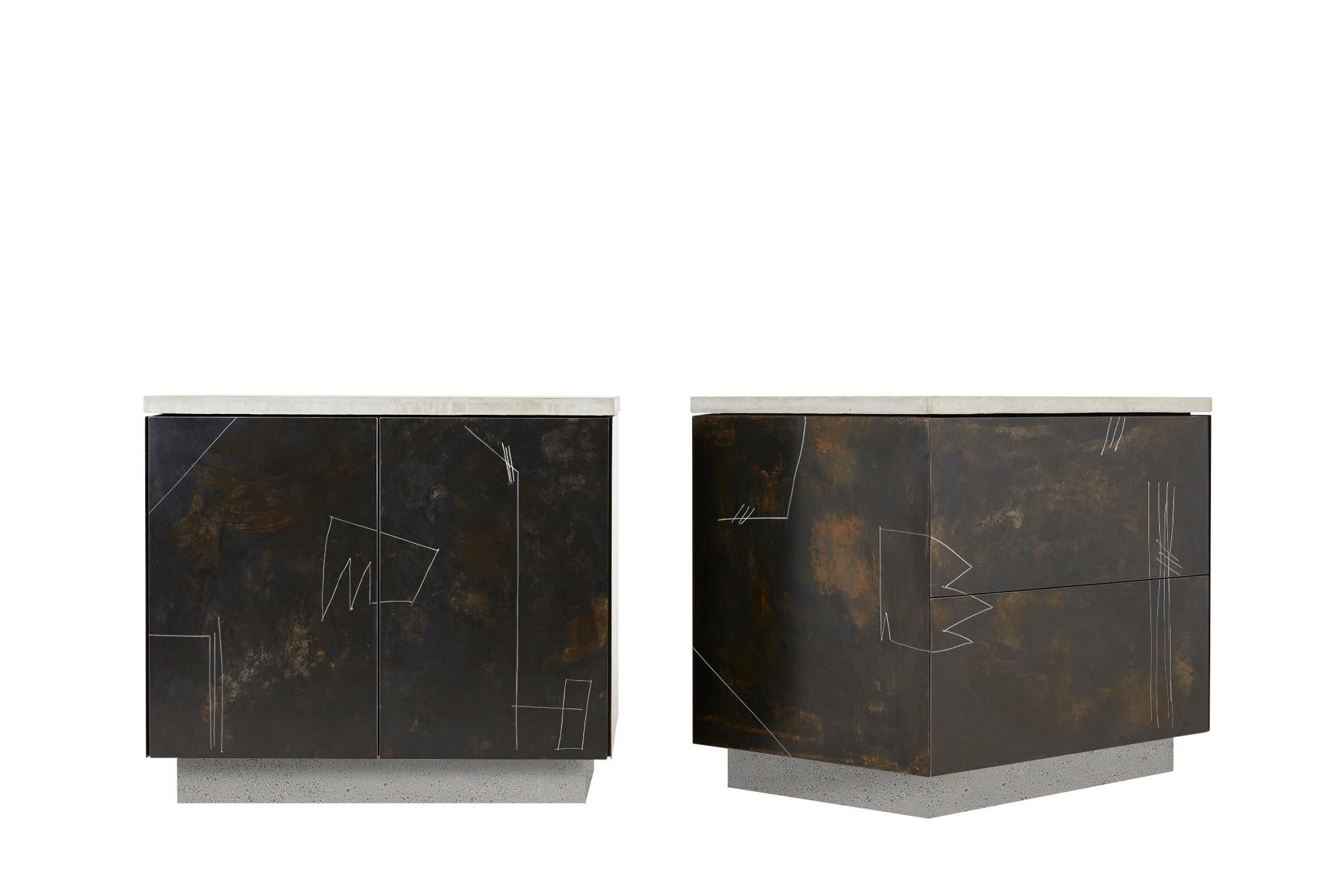 Minimalist S.O. Side Table Cabinet with Drawn Faces in Walnut, Steel and Concrete