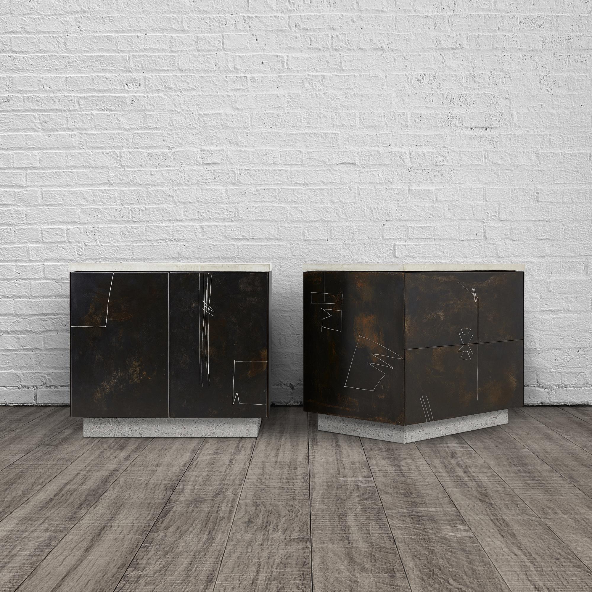 American S.O. Side Table Cabinet with Drawn Faces in Walnut, Steel and Concrete