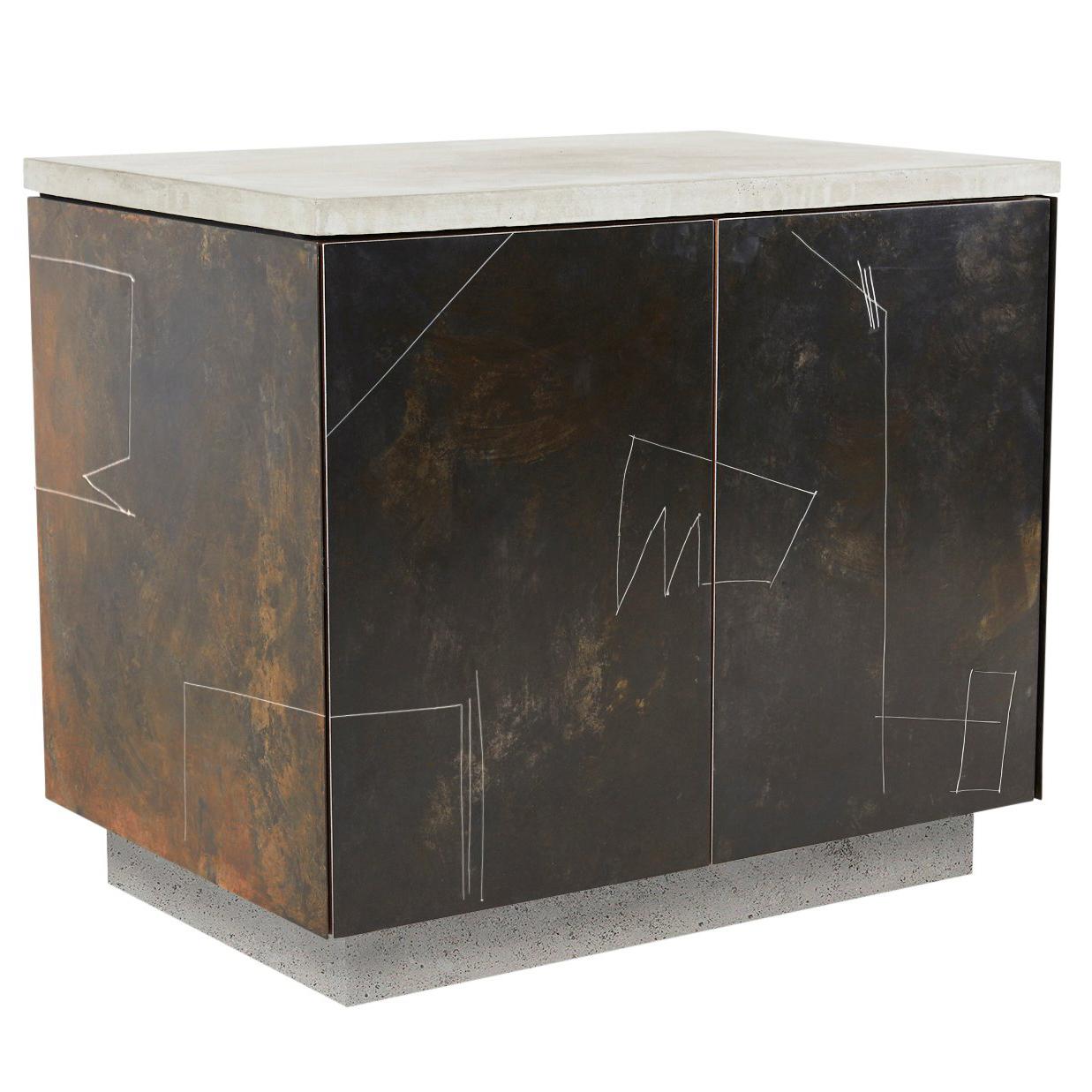 S.O. Side Table Cabinet with Drawn Faces in Walnut, Steel and Concrete