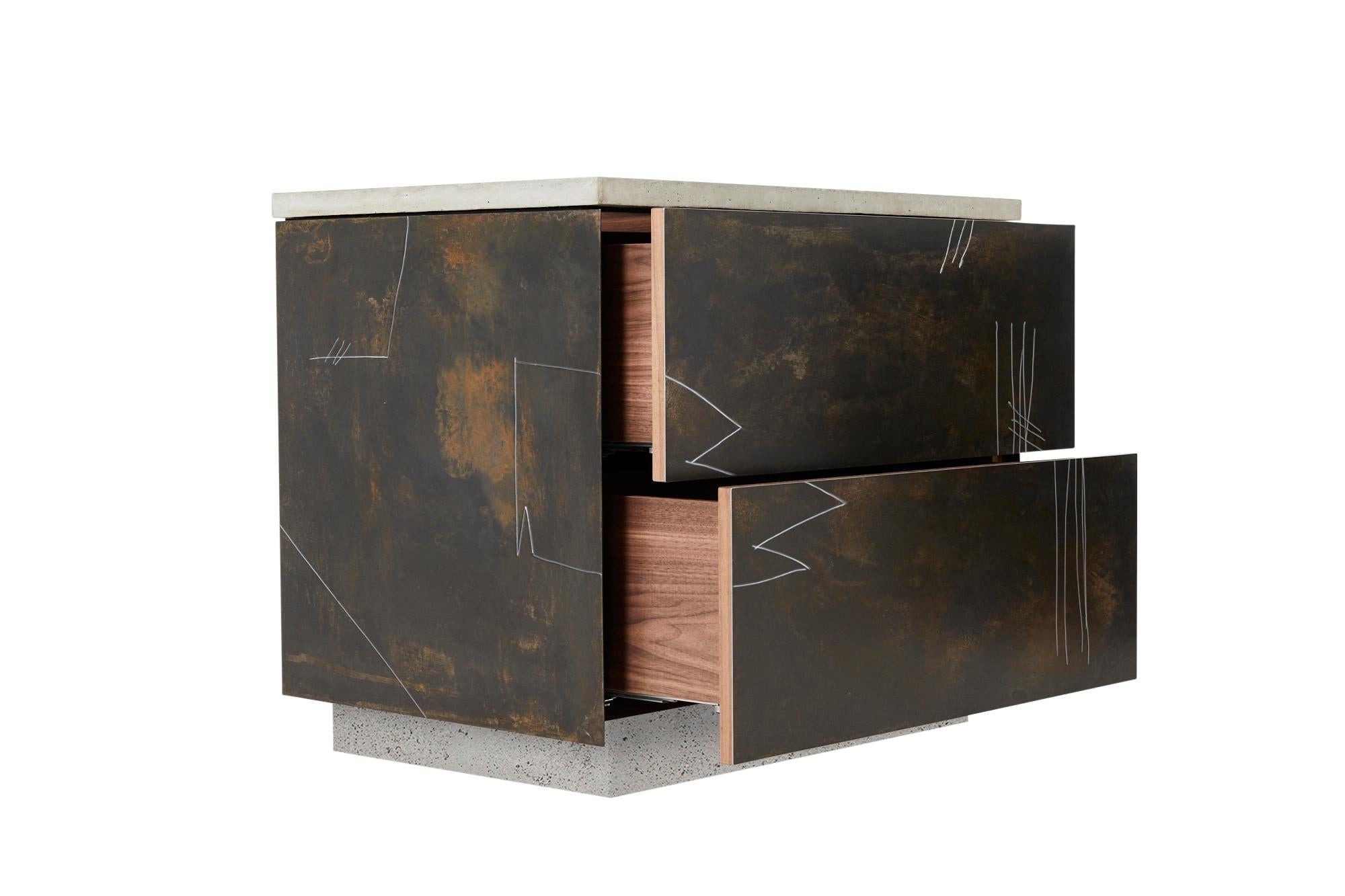 Minimalist S.O. Side Table with Drawers and Drawn Faces in Walnut, Steel and Cast Concrete