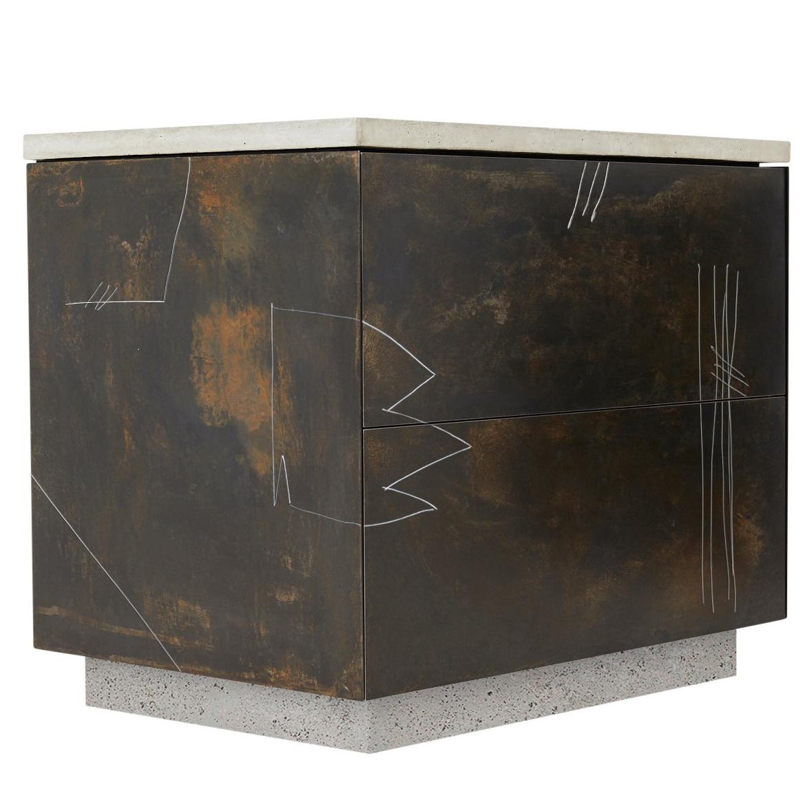 S.O. Side Table with Drawers and Drawn Faces in Walnut, Steel and Cast Concrete