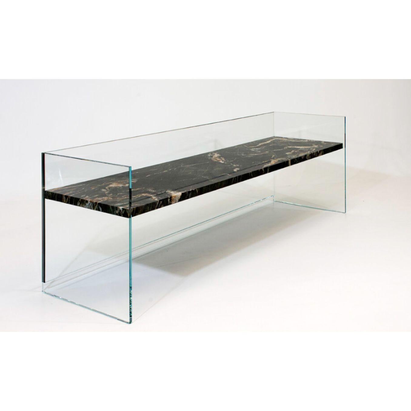 So We Meet Again Long Bench by Claste 
Dimensions: D 50.8 x W 122 x H 55.9 cm
Material: Glass, Marble
Weight: 93 kg
Also available in different sizes and materials: Carrara Gioia, Belvedere Black, Mont Blanc, Manhatten Calacatta, Fusion Marble,