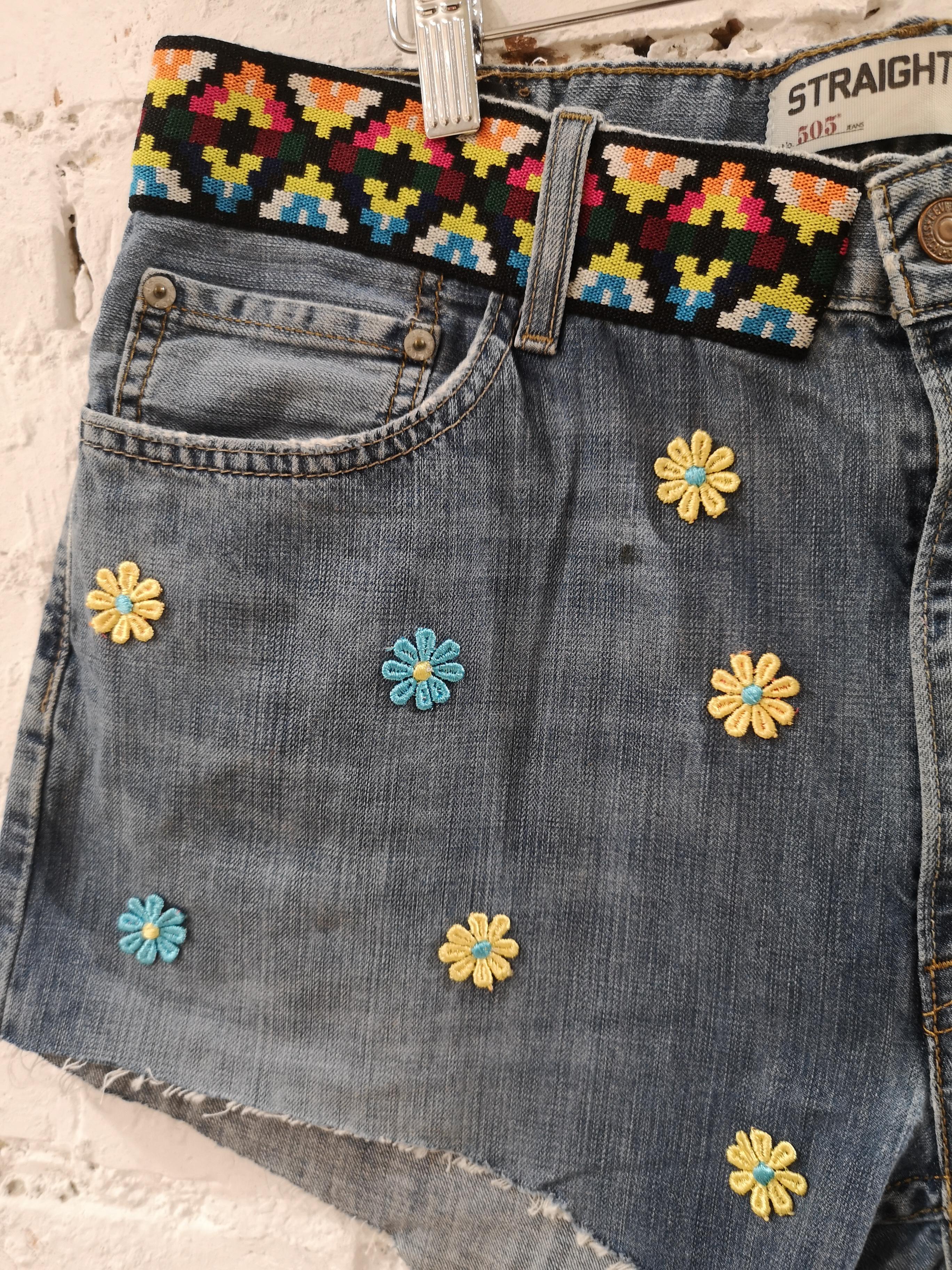 Women's SOAB Blue cotton denim with flowers, passementerie and fringes shorts
