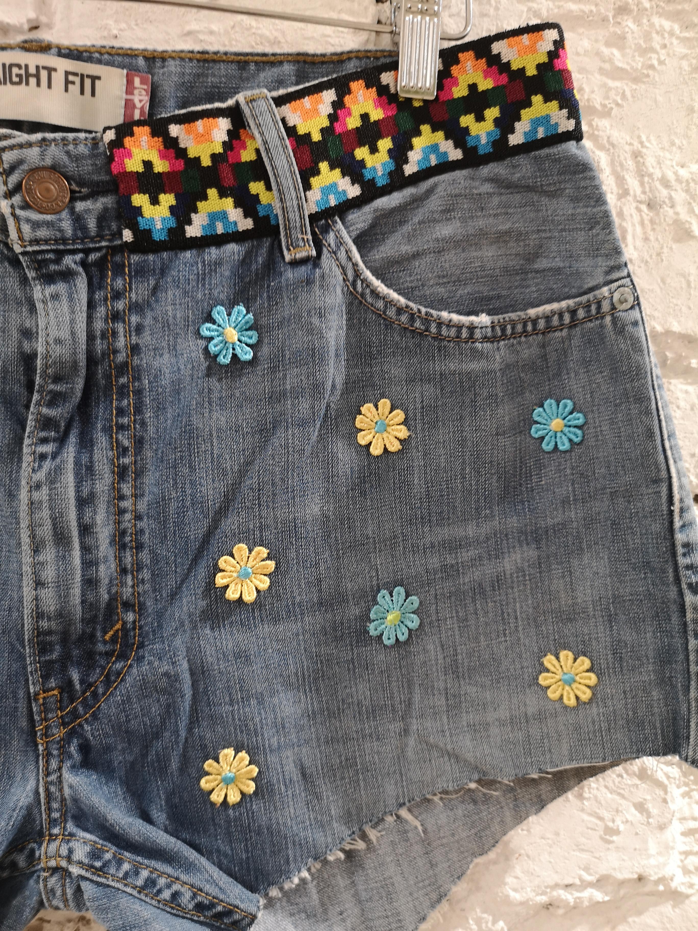 SOAB Blue cotton denim with flowers, passementerie and fringes shorts 1