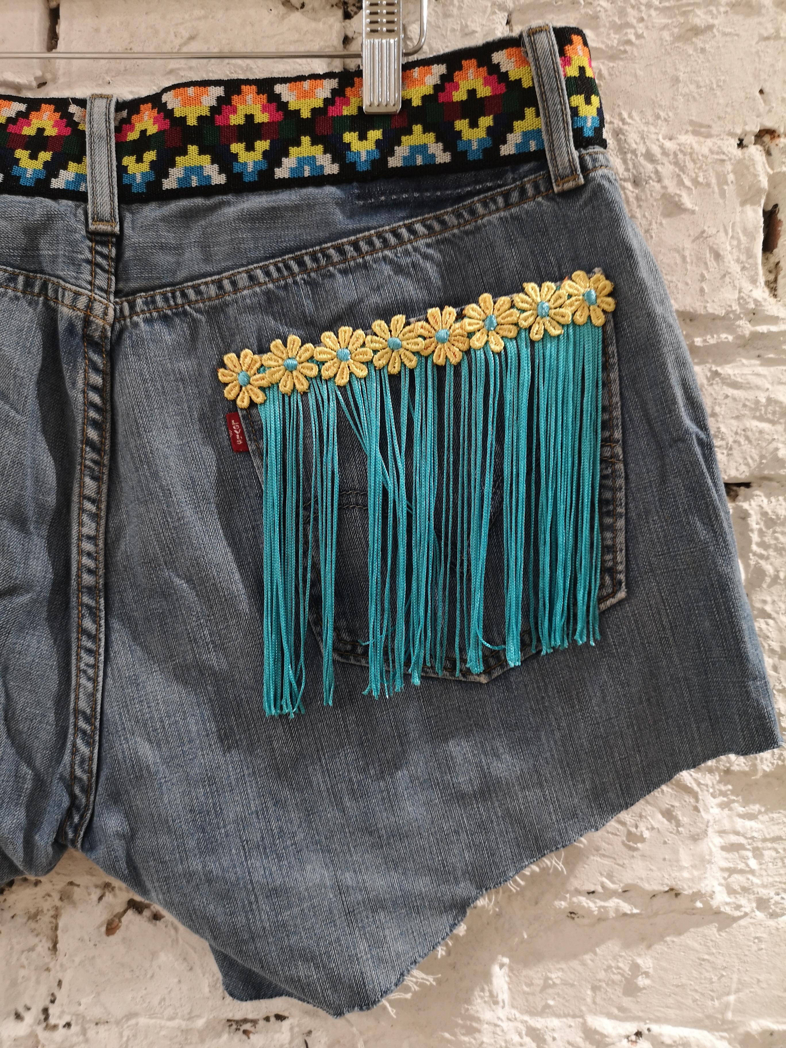 SOAB Blue cotton denim with flowers, passementerie and fringes shorts 2
