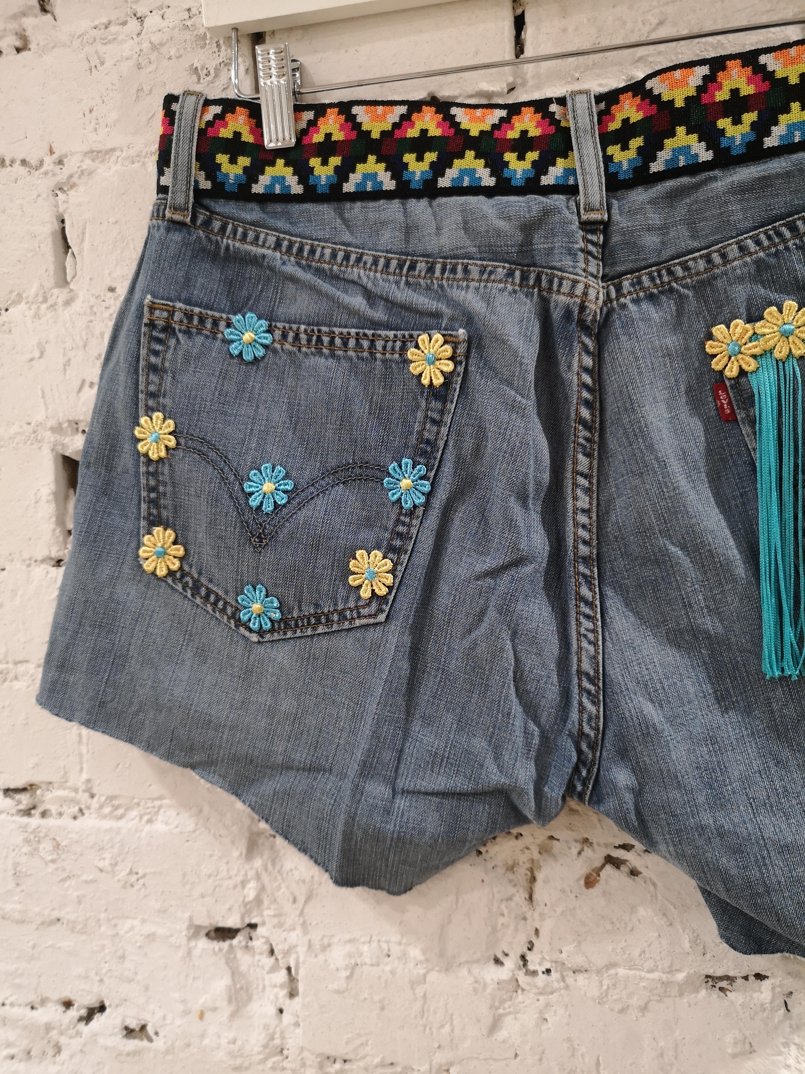 SOAB Blue cotton denim with flowers, passementerie and fringes shorts 3