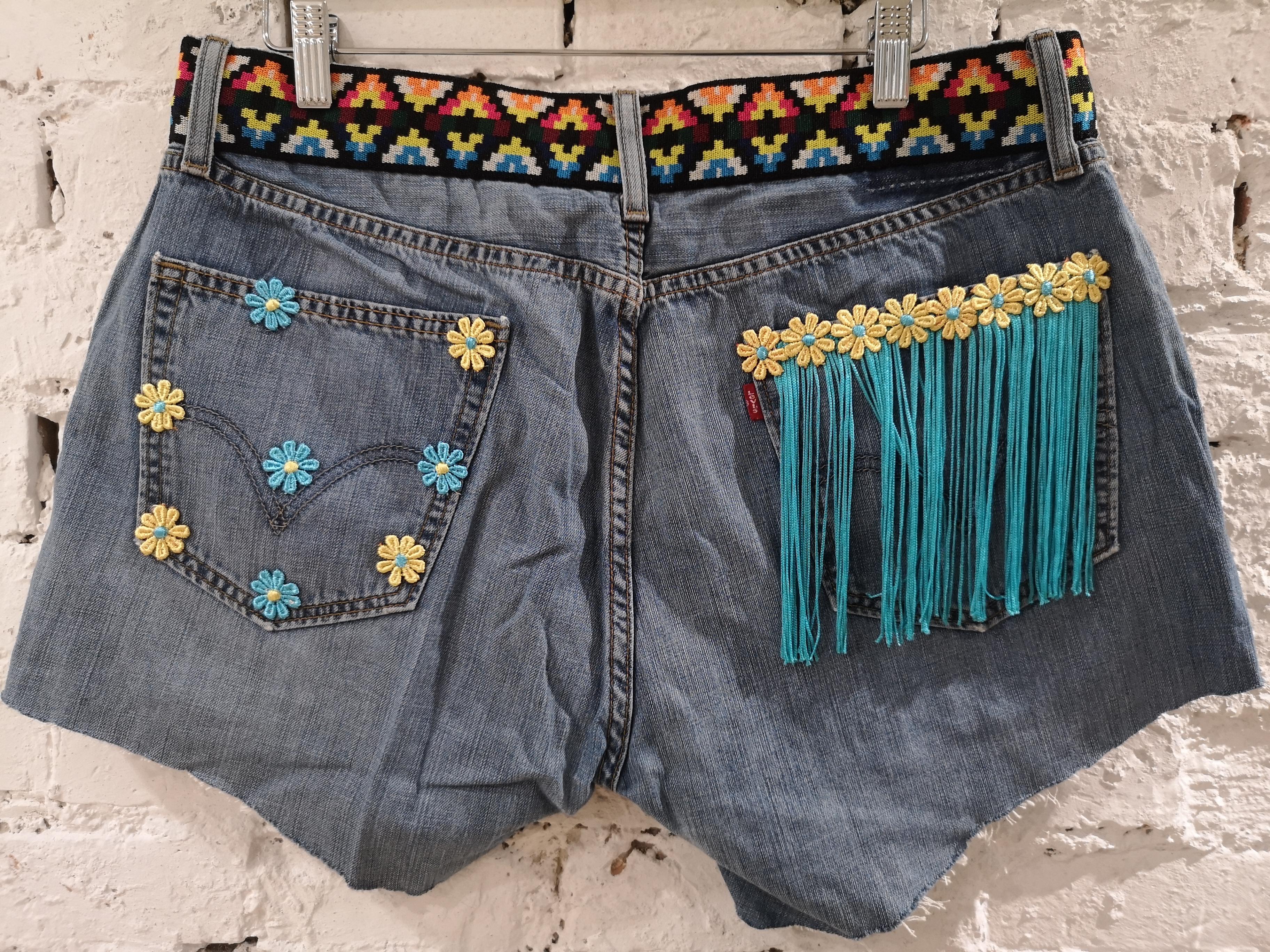 SOAB Blue cotton denim with flowers, passementerie and fringes shorts 4