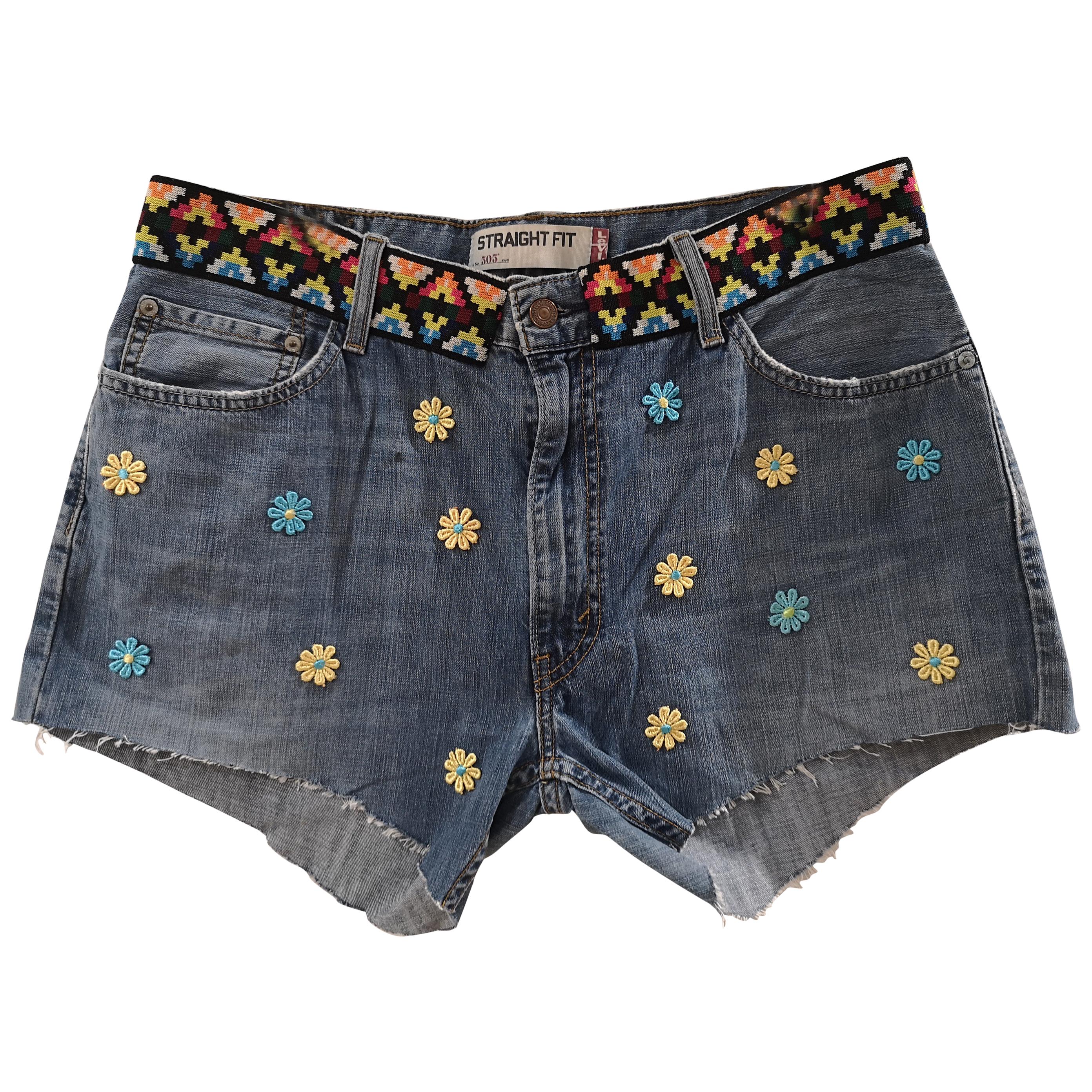 SOAB Blue cotton denim with flowers, passementerie and fringes shorts