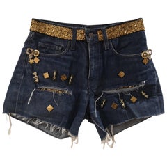 SOAB blue cotton gold sequins and beads handmade shorts