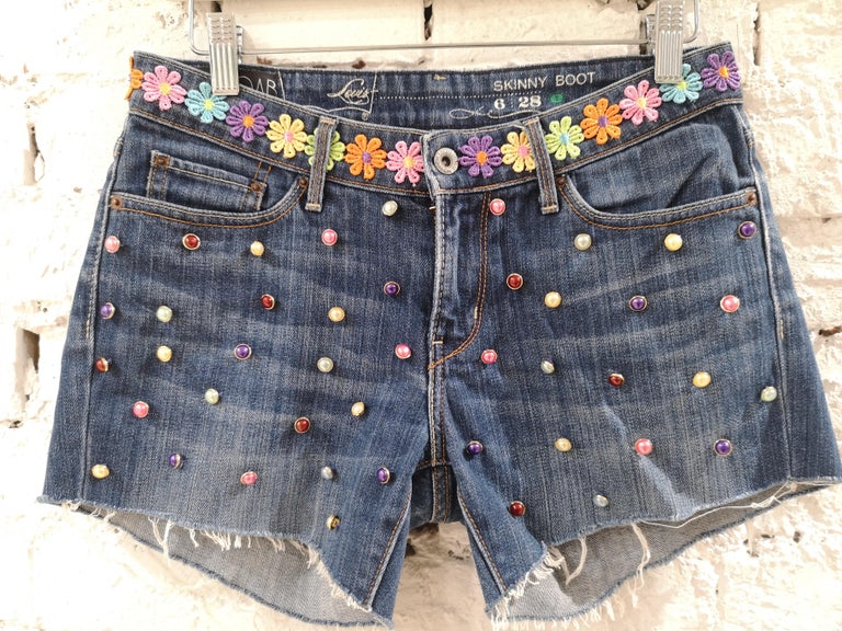 SOAB blue denim cotton flowers and beads shorts For Sale at 1stDibs
