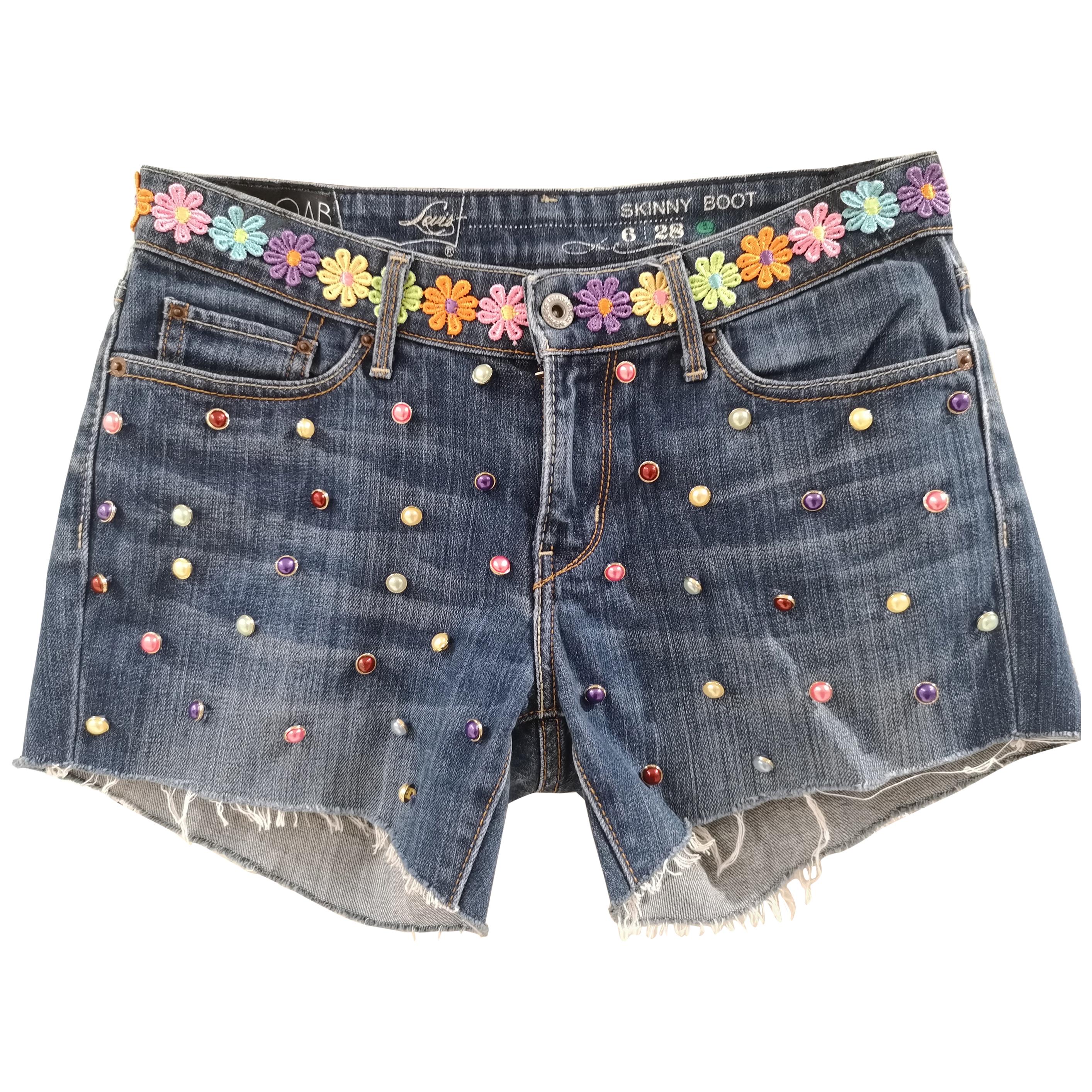 SOAB blue denim cotton flowers and beads shorts