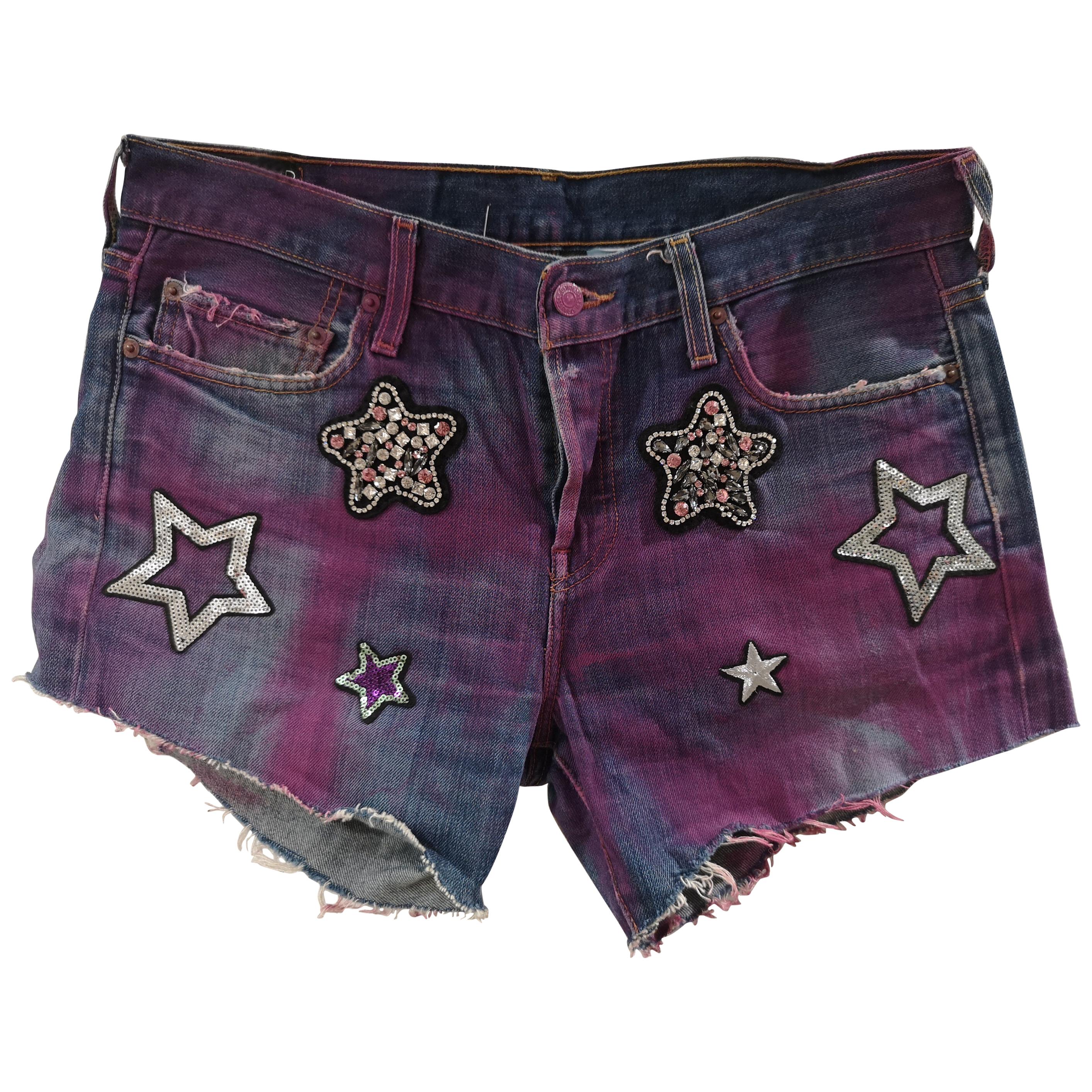 SOAB blue fucsia cotton denim with sequins and swarovski stones shorts