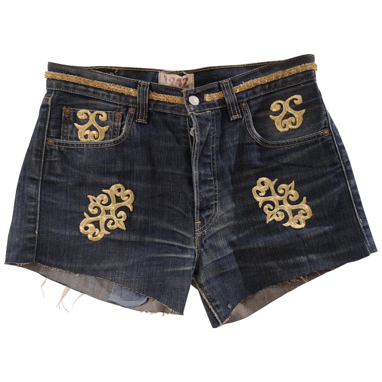 SOAB Blue with gold embroidery handmade cotton short For Sale at 1stDibs