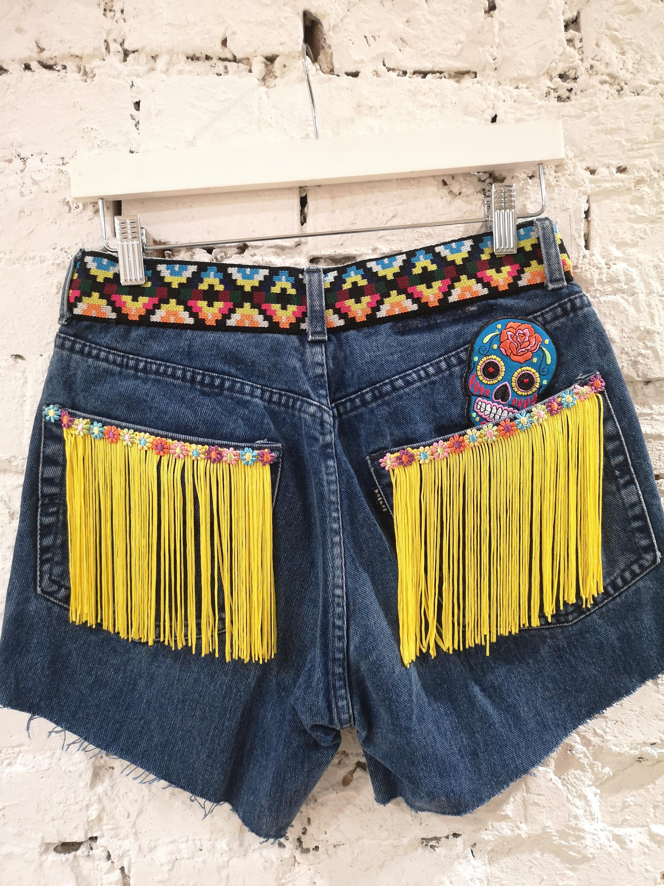 SOAB blue yellow fringes patterns handmade shorts 1