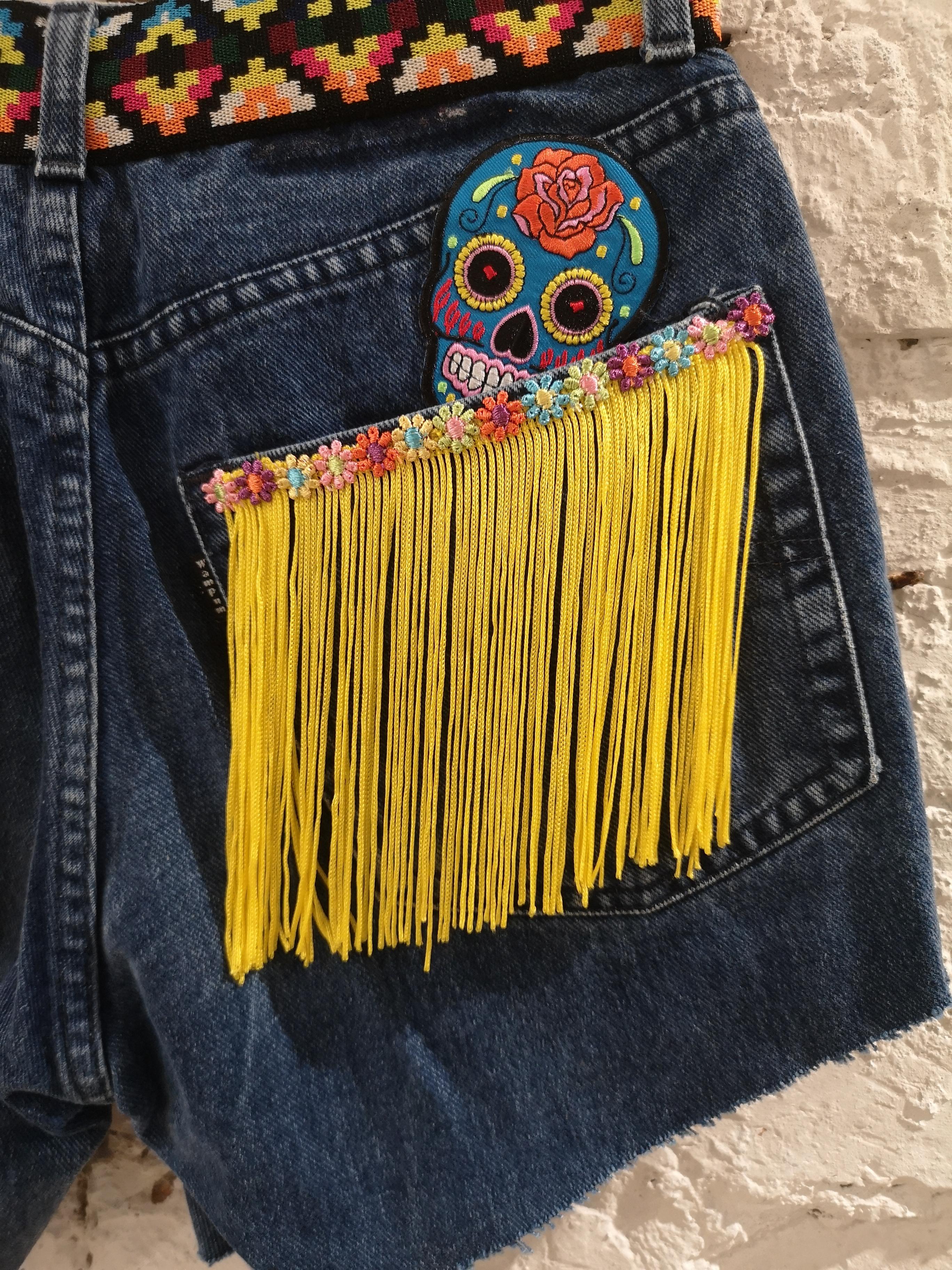 SOAB blue yellow fringes patterns handmade shorts 2