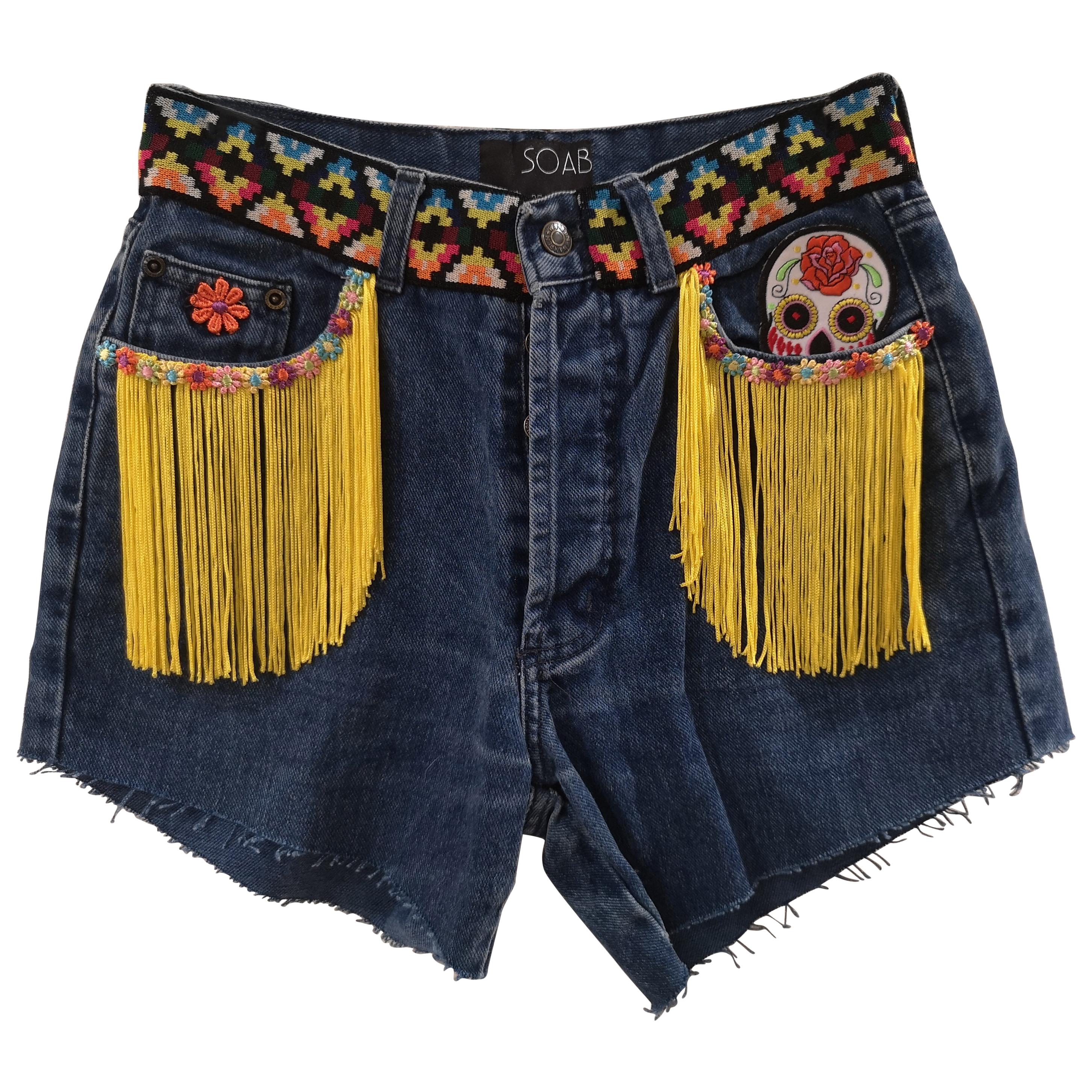SOAB blue yellow fringes patterns handmade shorts