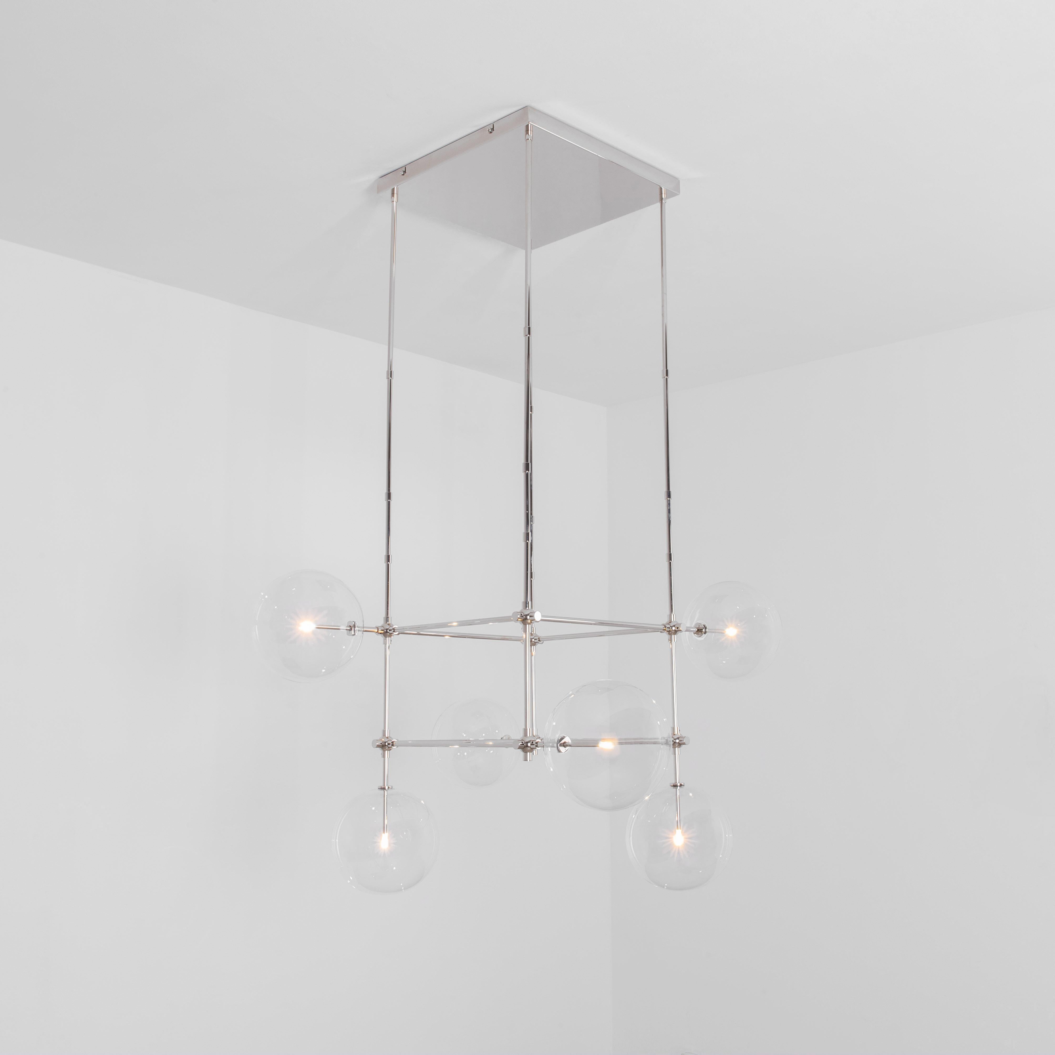 Soap 6 DT Chandelier by Schwung
Dimensions: W 117 x D 117 x H 173 cm 
Materials: Metal, hand blown glass globes
Finishes: Polished nickel
Other finishes available: Black gunmetal, natural brass

  

Max wattage: 1.6W
Bulb base: G4, 12V