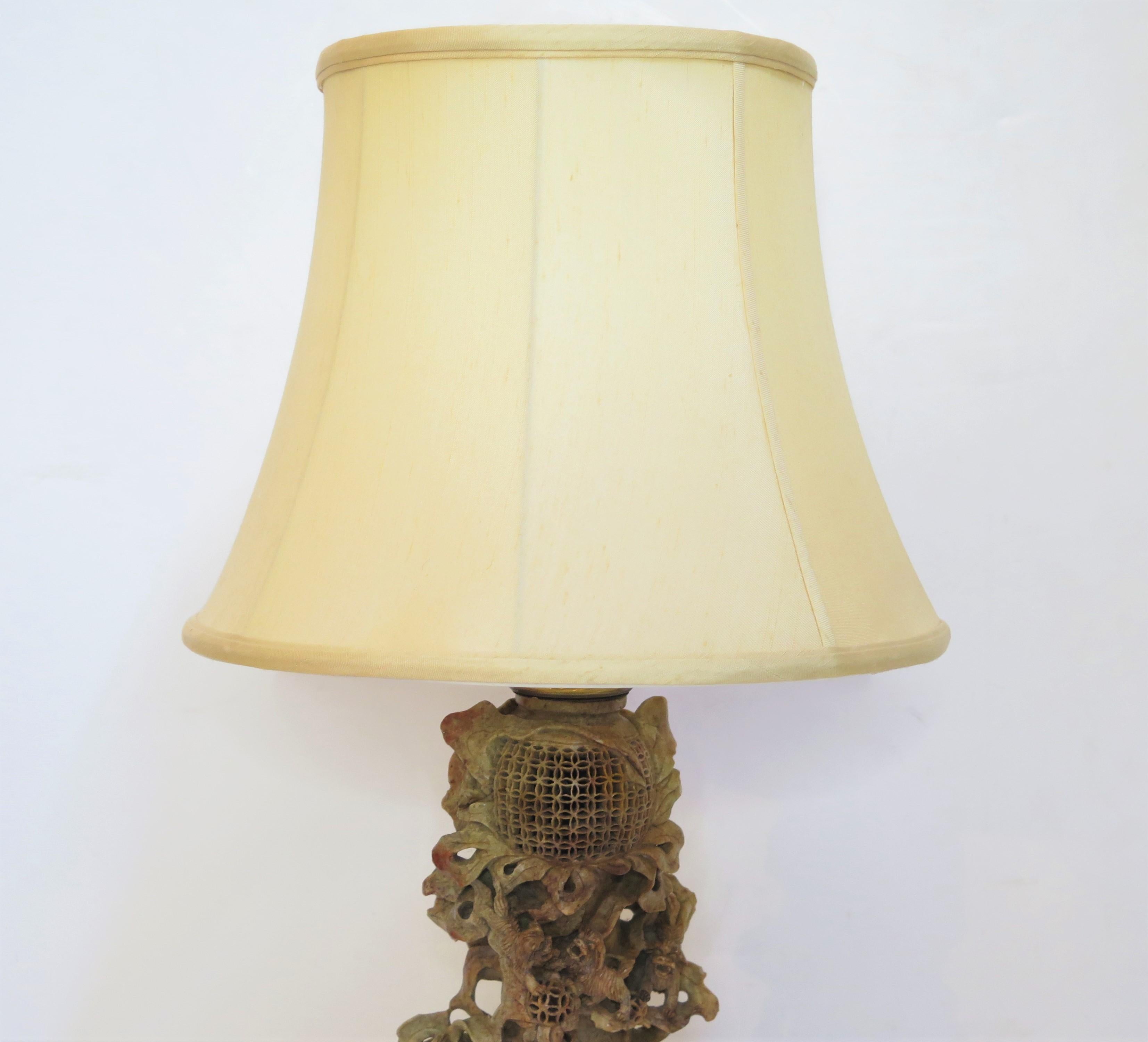20th Century Chinese Soapstone Carved Vase as Table Lamp For Sale