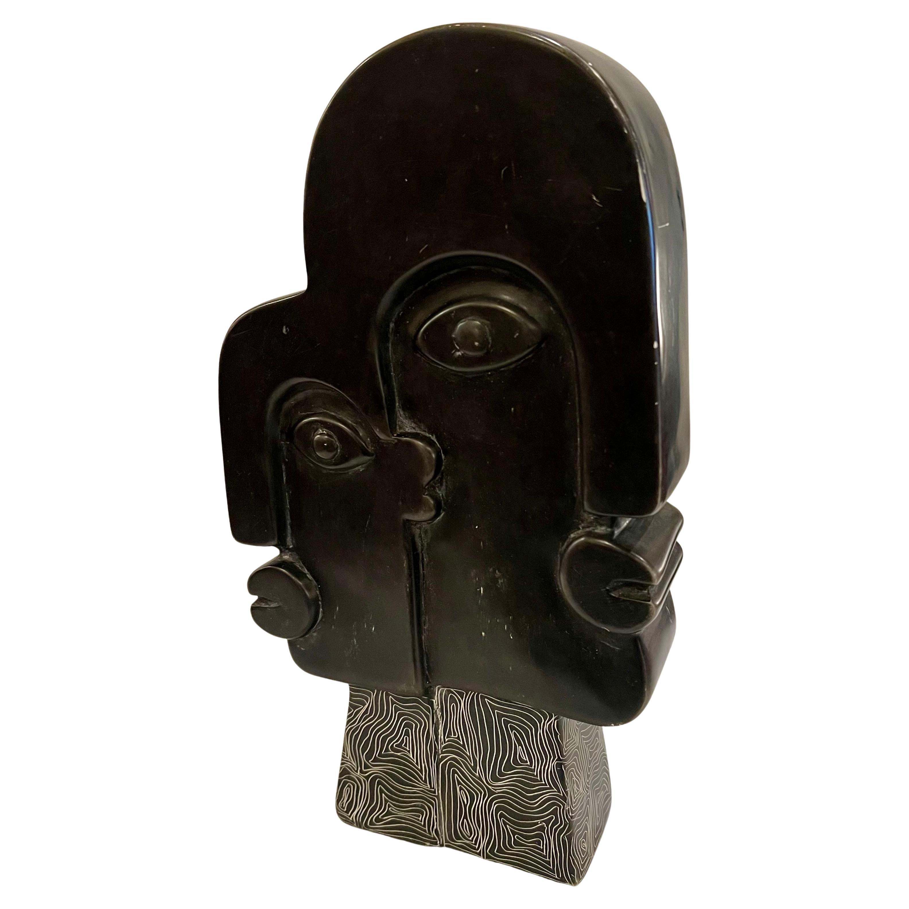 American Soapstone Cubist Style Table Sculpture Two Faces For Sale