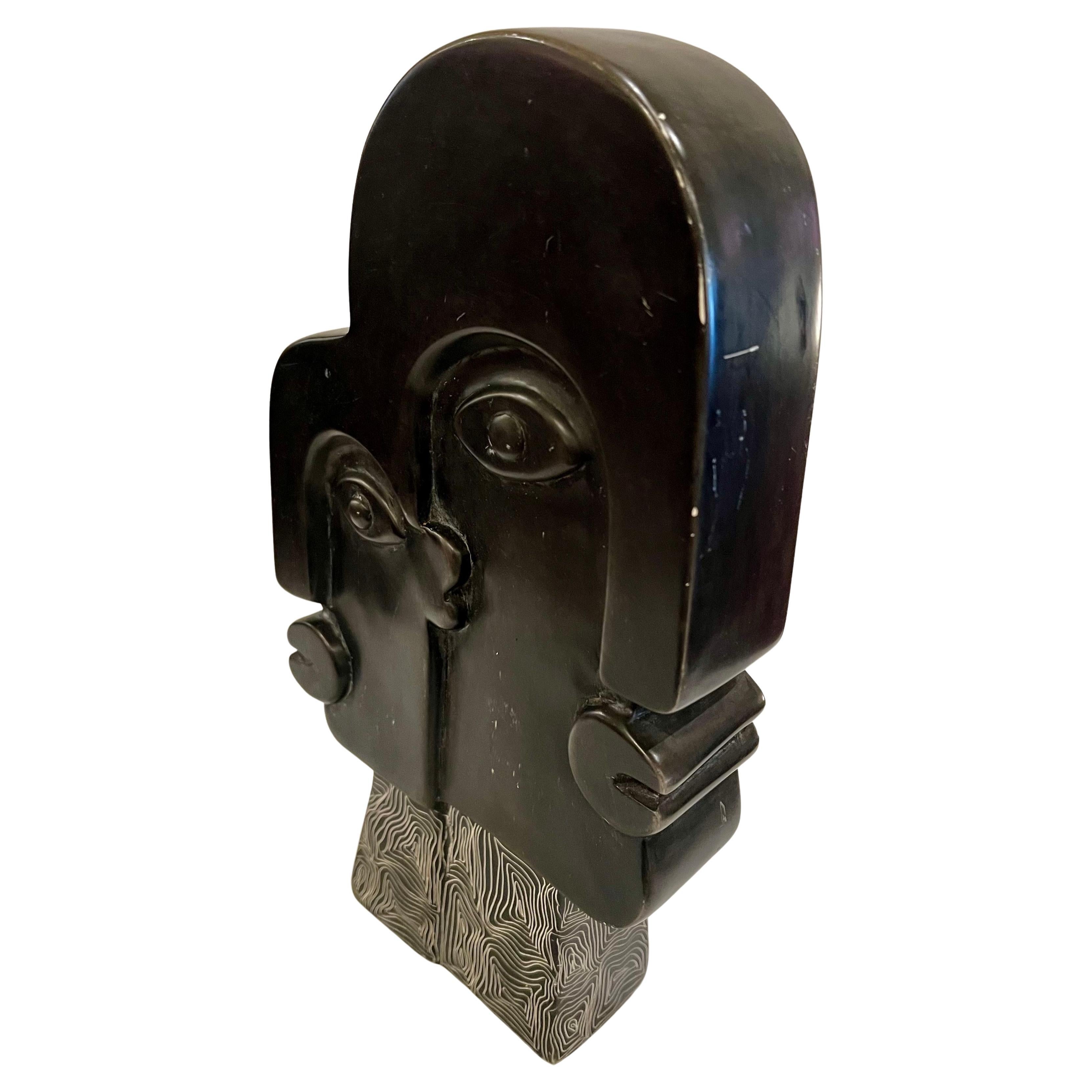 Soapstone Cubist Style Table Sculpture Two Faces For Sale 1
