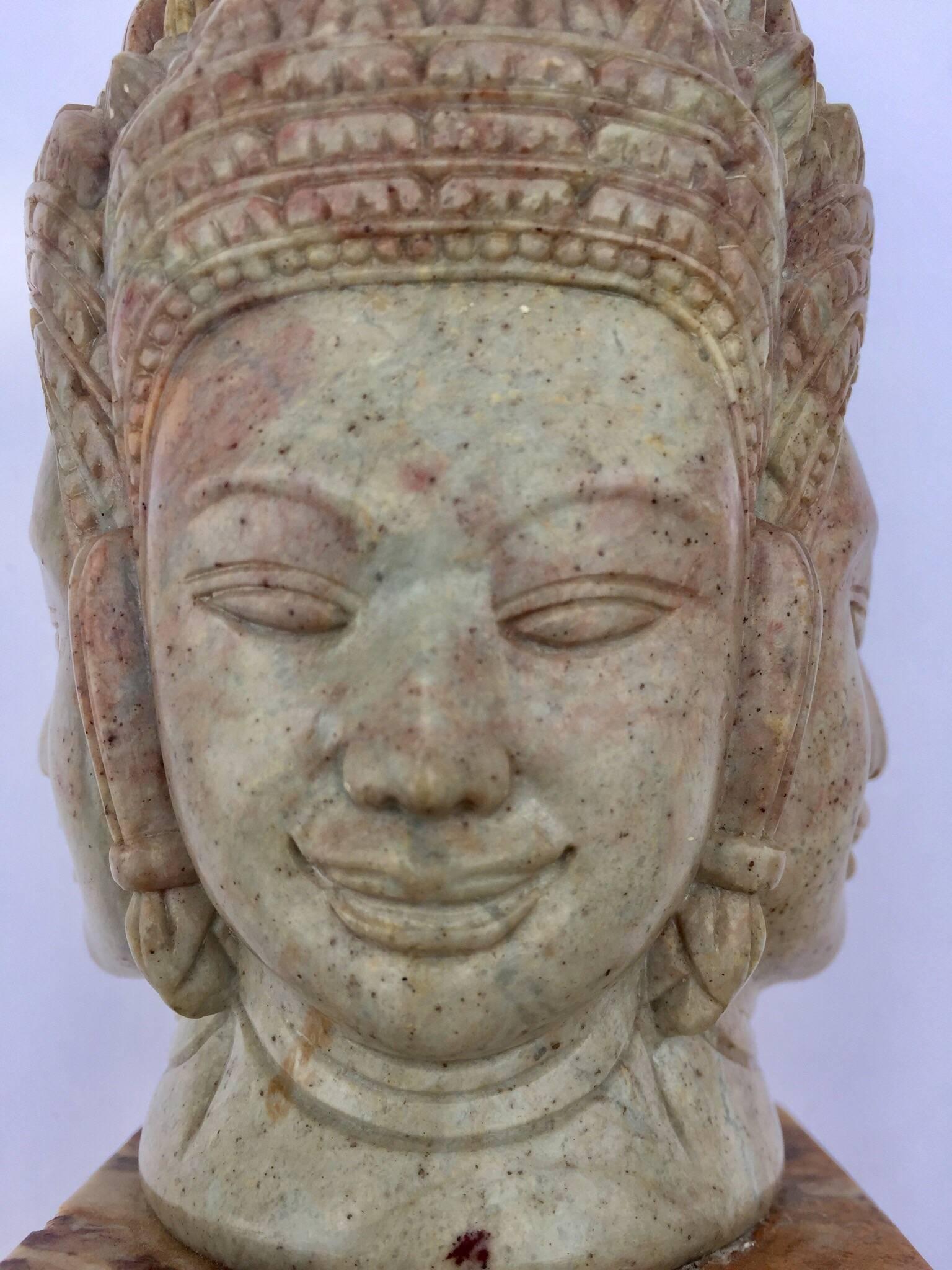Thai Soapstone Hand-Carved Bust of Brahma with Four Faces For Sale