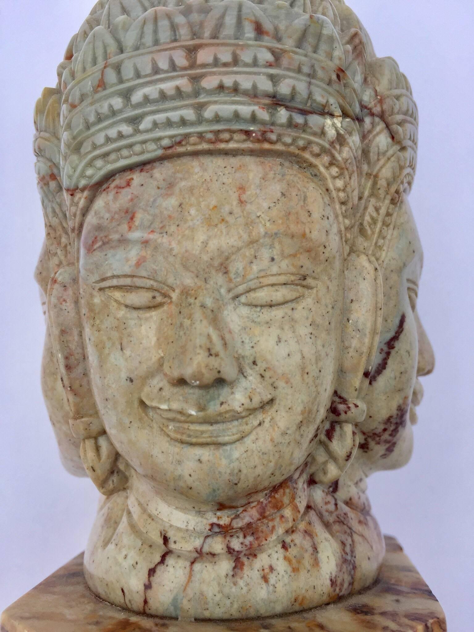 Soapstone Hand-Carved Bust of Brahma with Four Faces In Good Condition For Sale In North Hollywood, CA