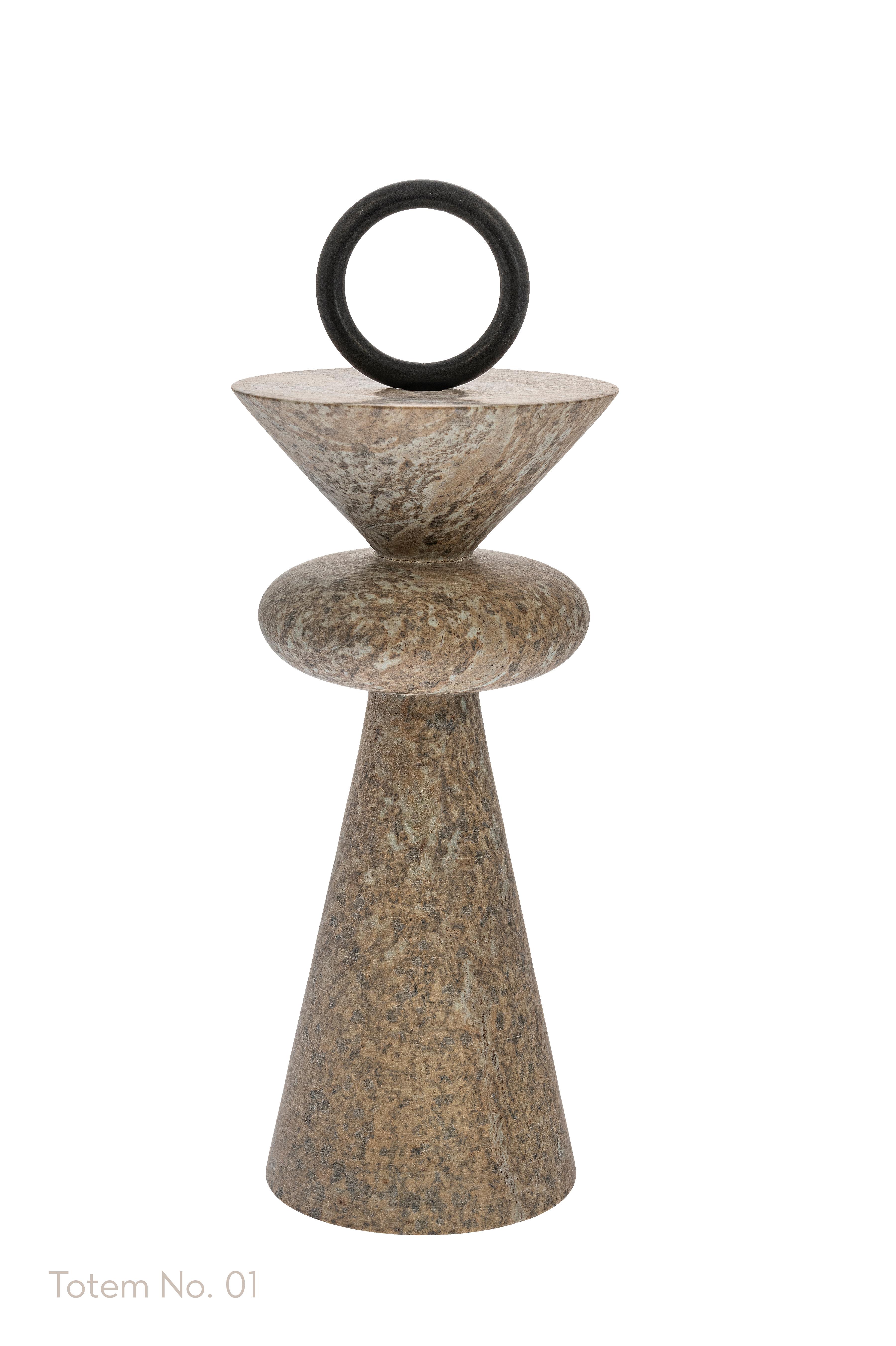 Brazilian Soapstone Totem Sculptures with Decorative Steel Accent, Made in Brazil For Sale