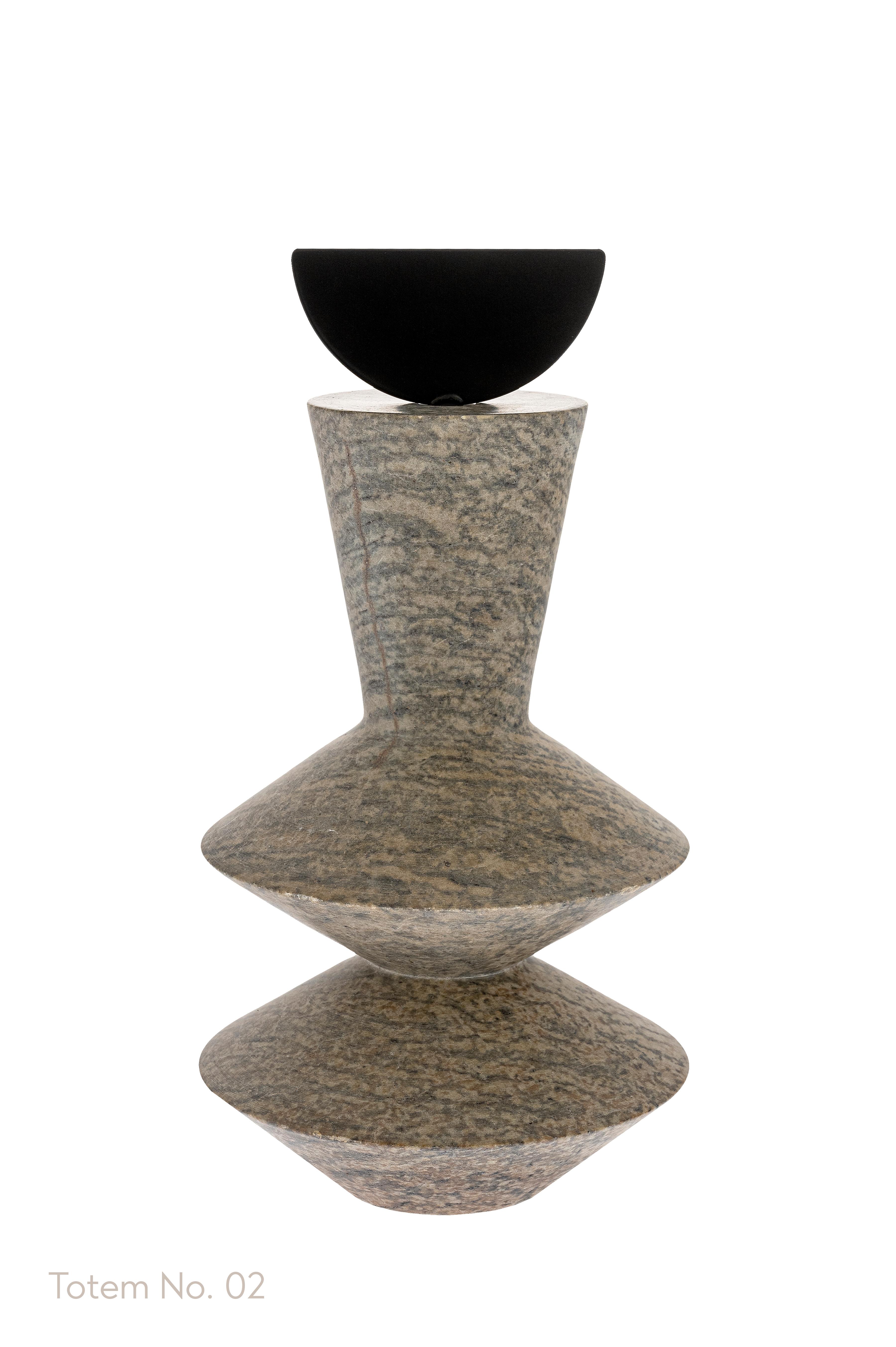 Hand-Crafted Soapstone Totem Sculptures with Decorative Steel Accent, Made in Brazil For Sale