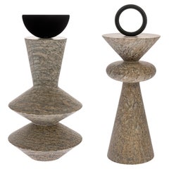 Soapstone Totem Sculptures with Decorative Steel Accent, Made in Brazil