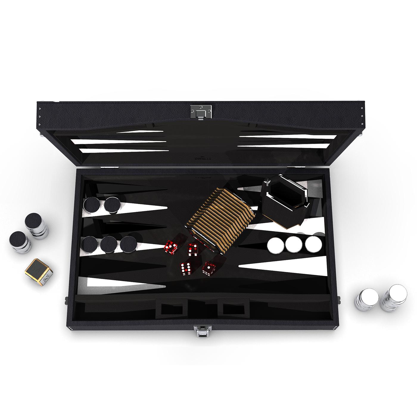 Backgammon Sober Night with genuine grained black leather and
with upholstered padding and lining in dinamica microfiber, black 
nickel playing tips and white leather.
With details in solid polished brass in nickel-plated. Bottom feet in
solid