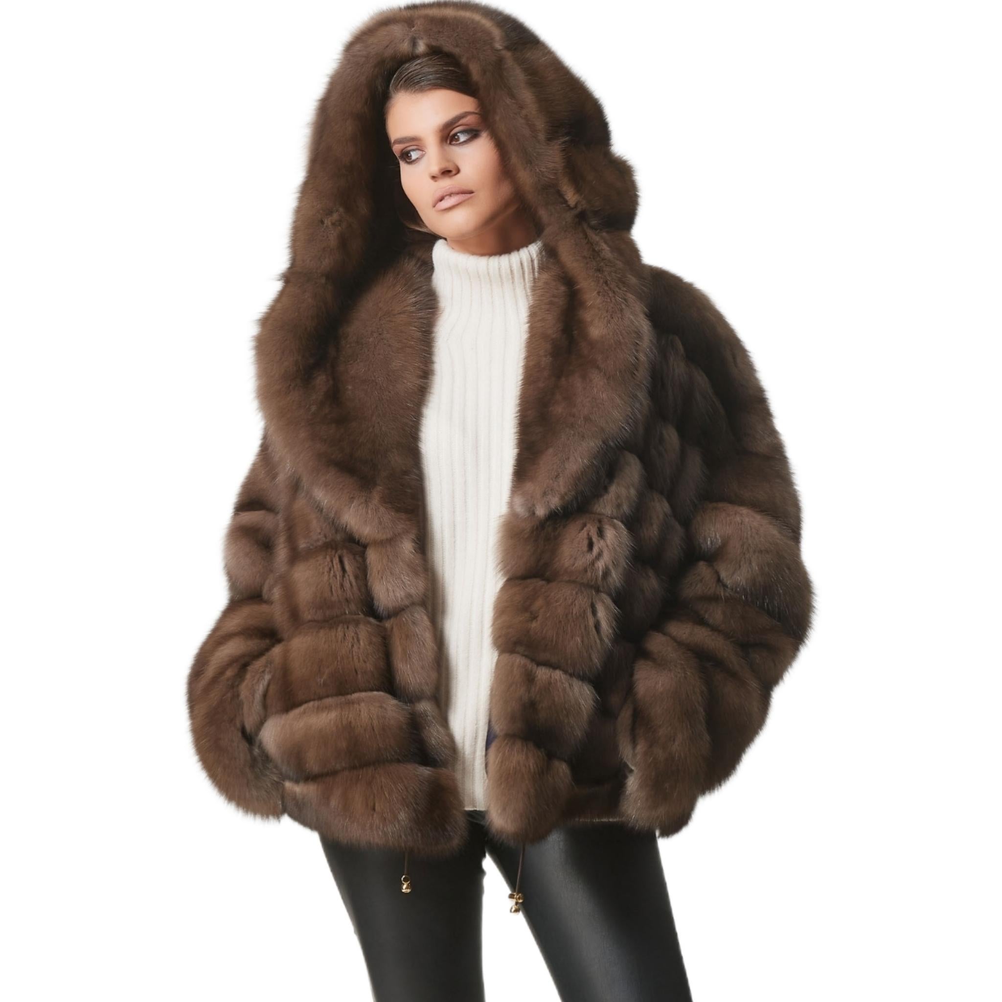 PRODUCT DESCRIPTION:

Sobol Russian Sable Jacket size Oversized XL 18-20
Condition: Brand New

Closure: German hook

Color: chocolate

Material: Sobol certified Russian Sable

Garment type: Coat

Sleeves: Long sleeves

Pockets: Two pockets

Collar: