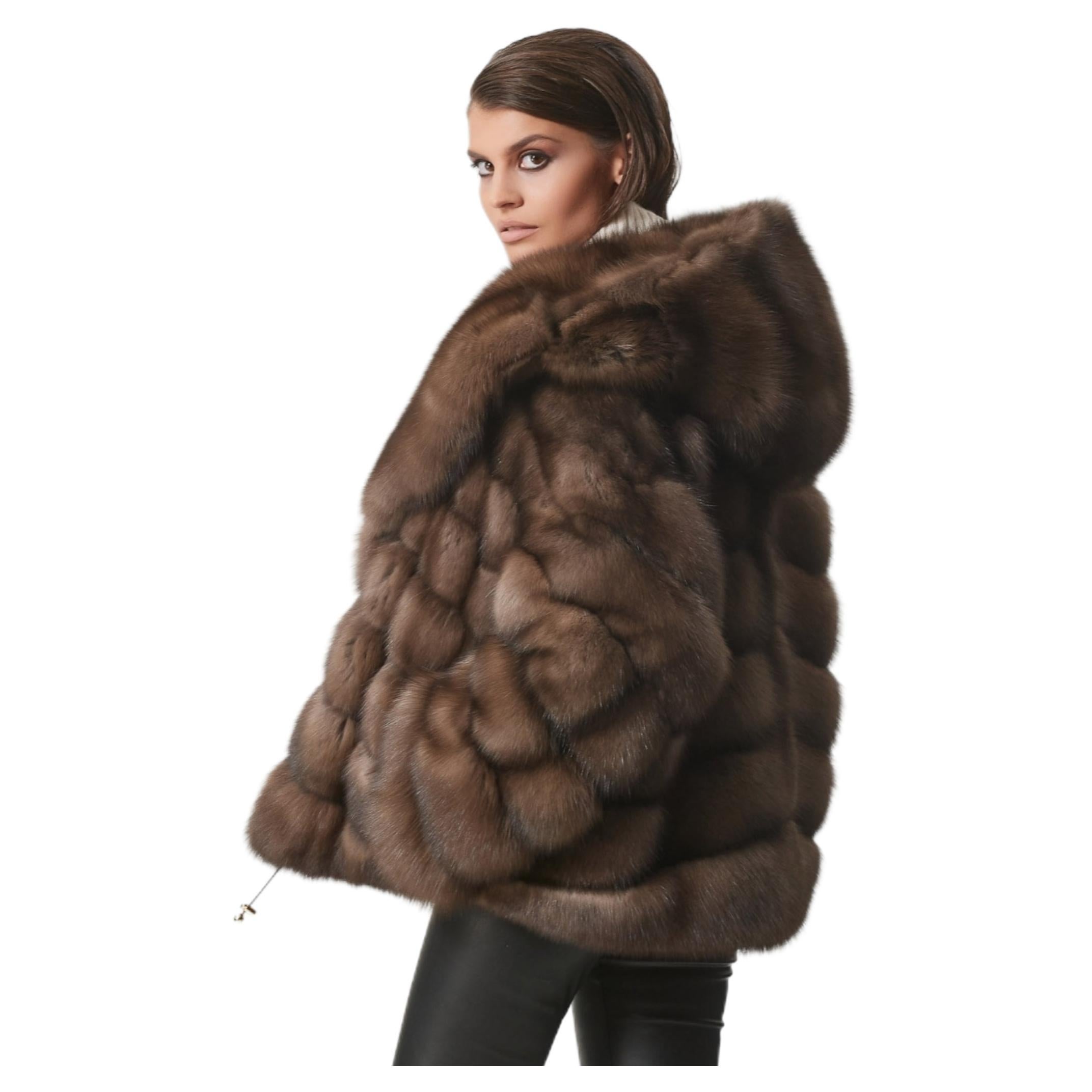 Burgundy collarless real mink fur coat. Modern women fur coat in a Channel  line. Knee length full skin mink fur coat - PAPEL FURS
