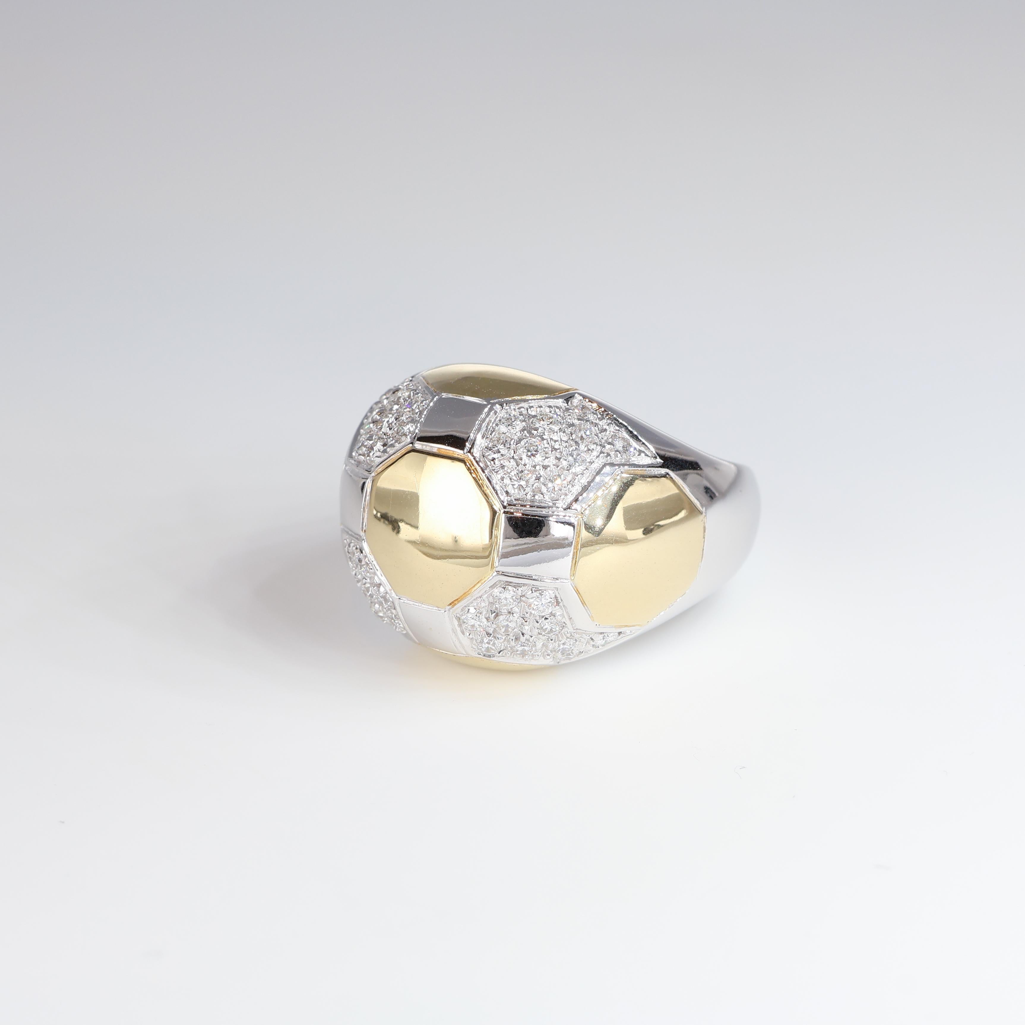 Brilliant Cut Soccer Ball Band Ring, White Diamonds 0.83 Carats, Yellow and White Gold For Sale