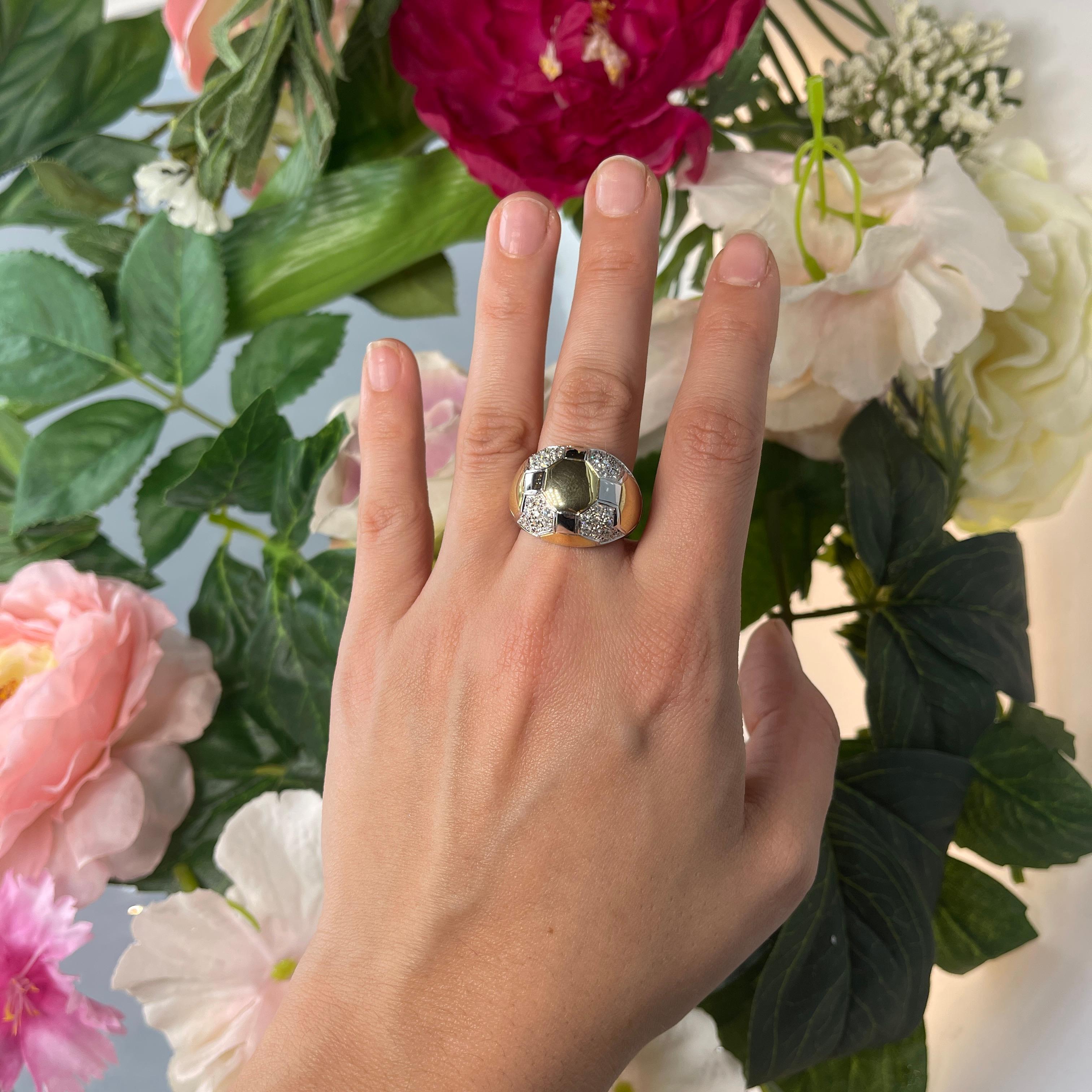 Women's or Men's Soccer Ball Band Ring, White Diamonds 0.83 Carats, Yellow and White Gold For Sale