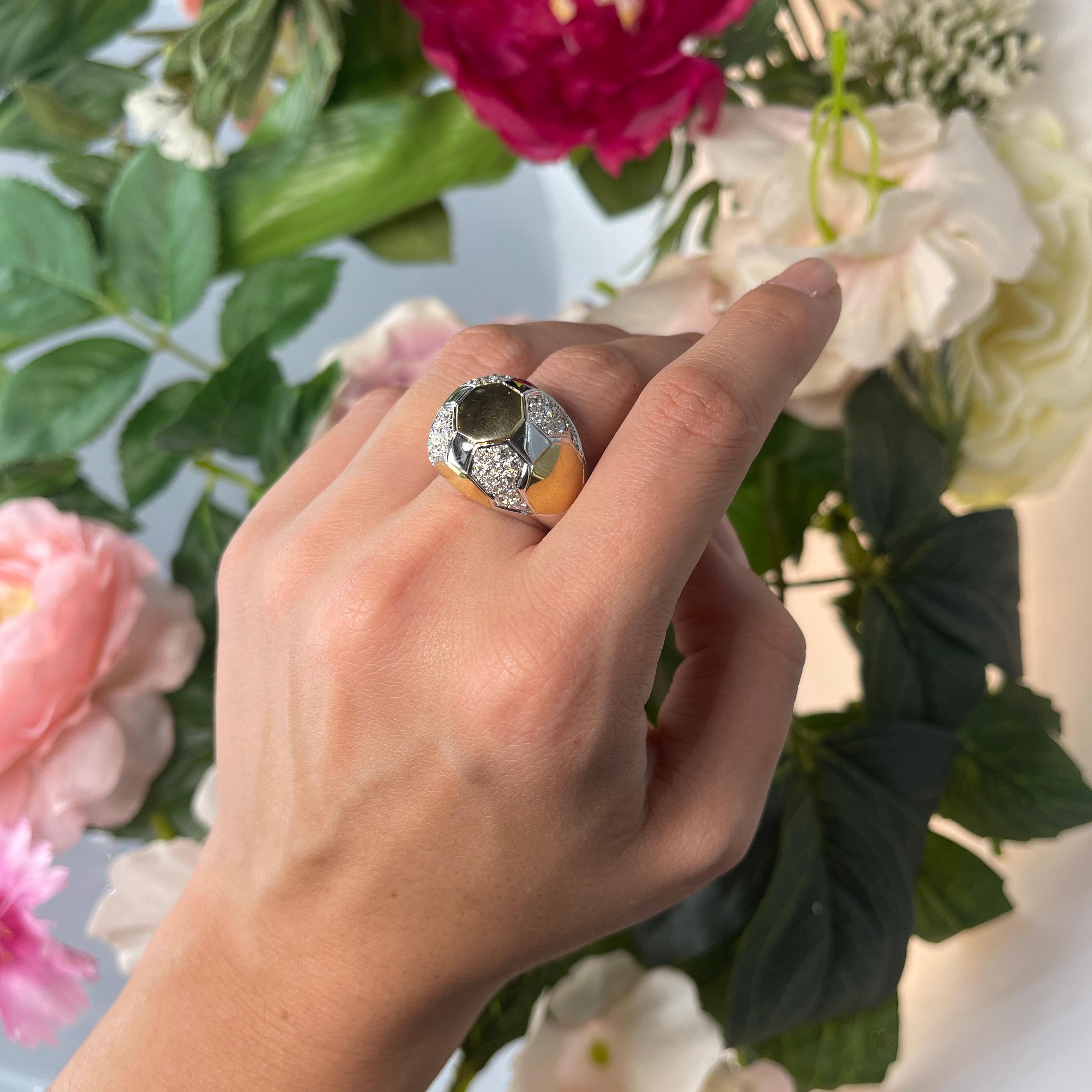 Soccer Ball Band Ring, White Diamonds 0.83 Carats, Yellow and White Gold For Sale 1