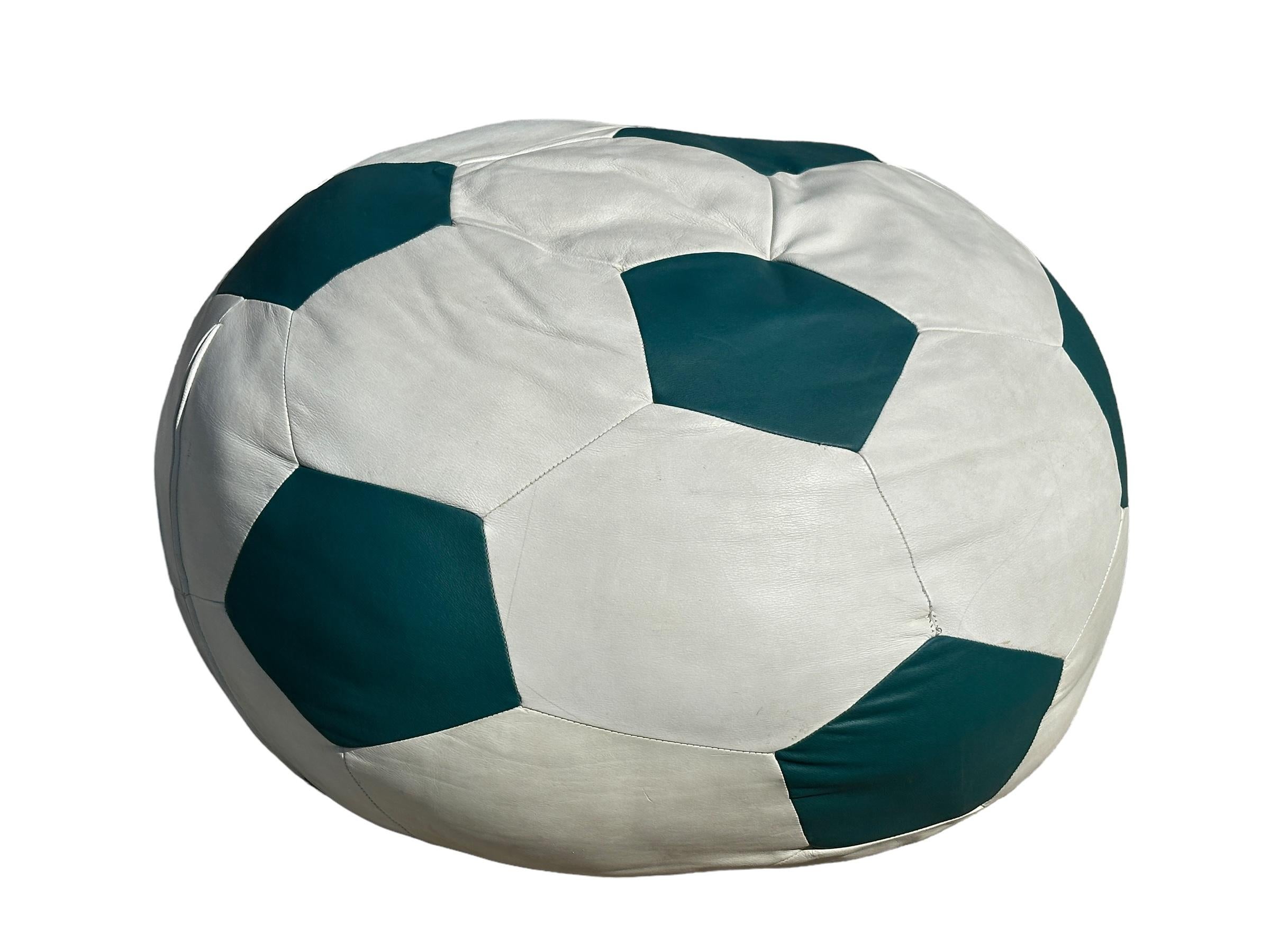 Mid-Century Modern Soccer Ball Leather Bean Bag Chair & Lounger Poof Made of Genuine Leather, 1970s For Sale