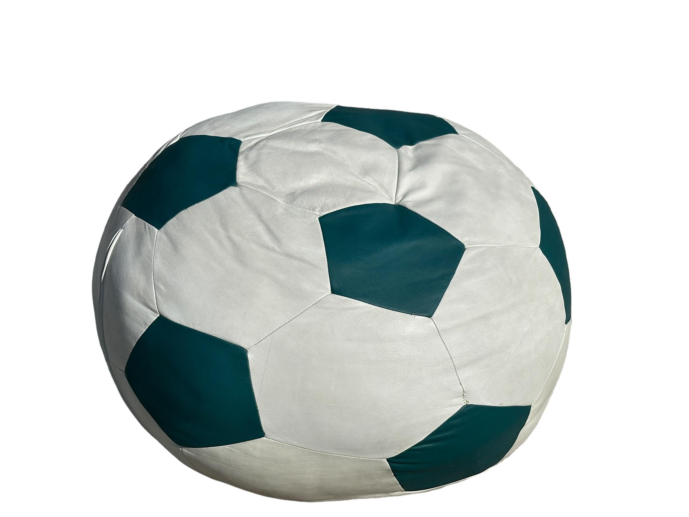 Italian Soccer Ball Leather Bean Bag Chair & Lounger Poof Made of Genuine Leather, 1970s For Sale