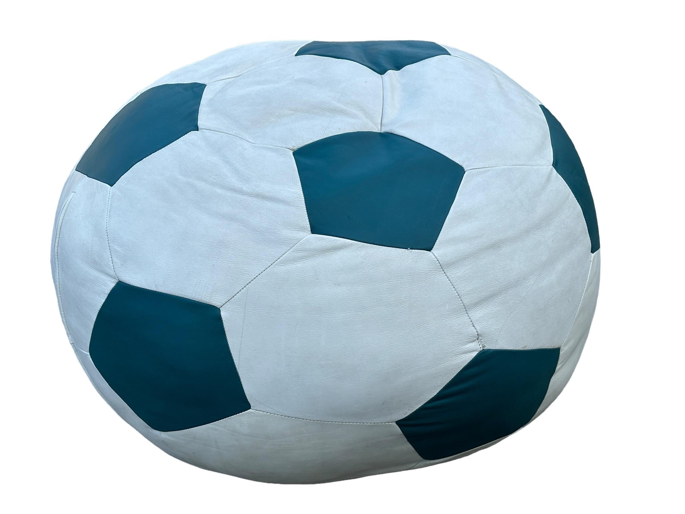Late 20th Century Soccer Ball Leather Bean Bag Chair & Lounger Poof Made of Genuine Leather, 1970s For Sale