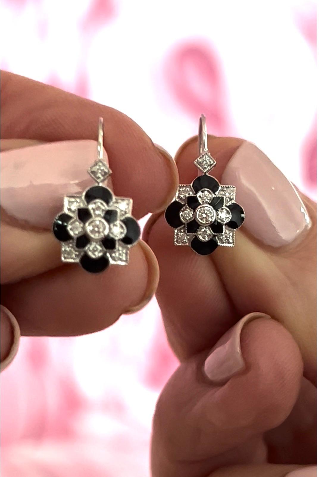 Social Climber Diamond, Black Enamel Earrings In New Condition For Sale In Derby, NY