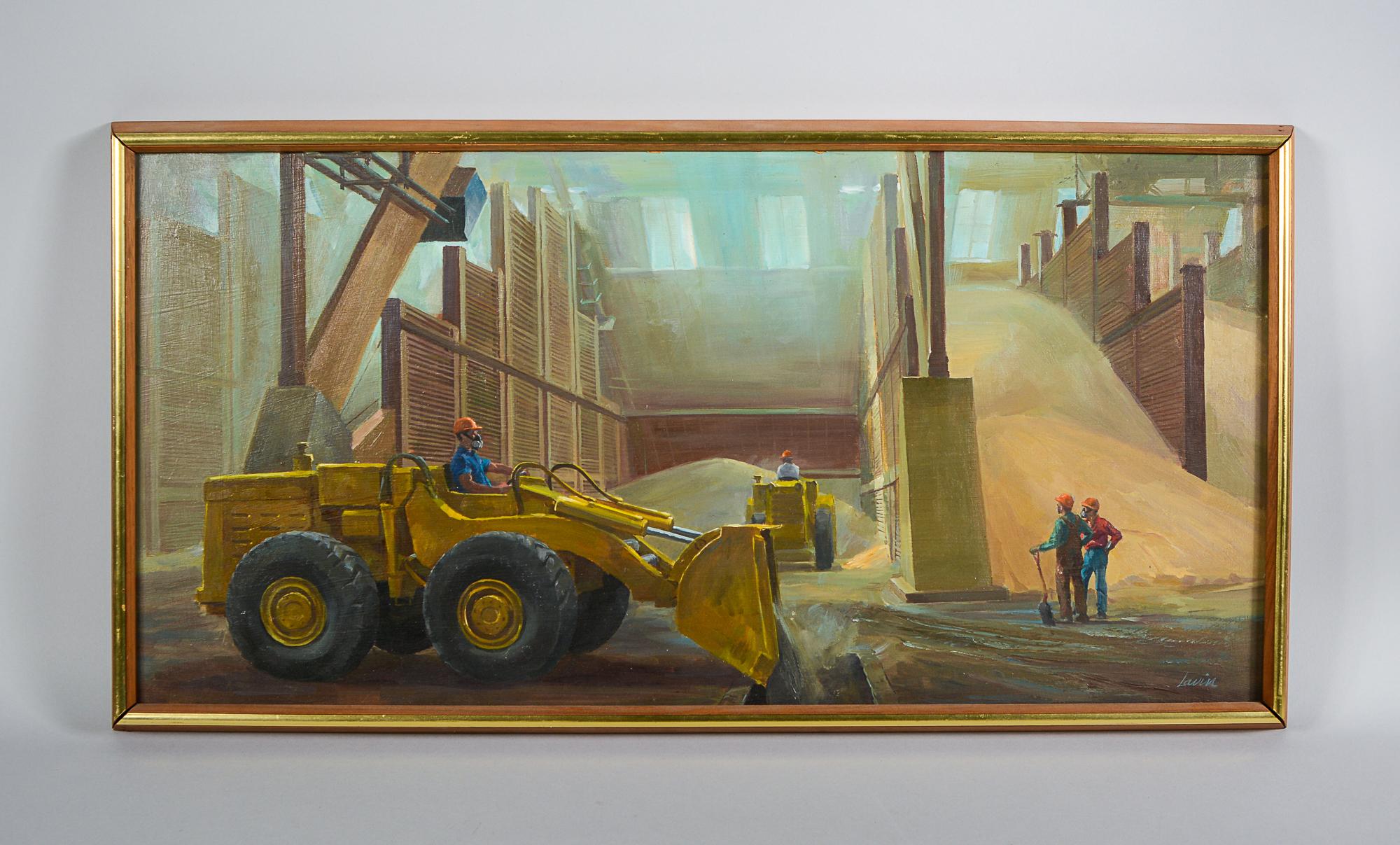 Peinture à l'huile sur masonite de l'intérieur d'un entrepôt de céréales par Robert Lavin.

Robert Lavin (1919-1997) Né à New York, il fréquente la National Academy of Art, où il étudie la peinture. Il a peint dans le style réaliste social américain