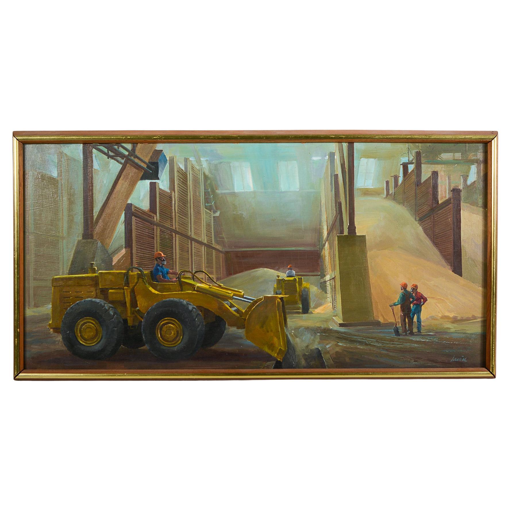 Social Realist Painting of a Grain Warehouse by Robert Lavin