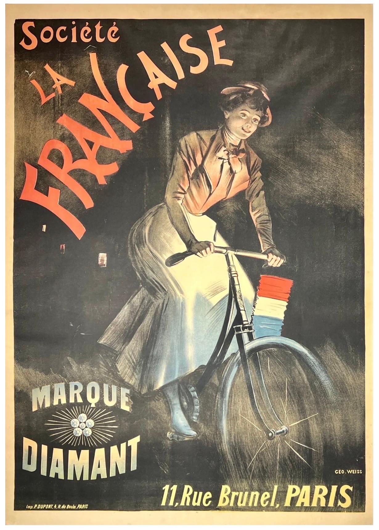 SOCIÉTÉ LA FRANÇAISE : Affiche originale vintage d'époque représentant un vélo de style Art nouveau français