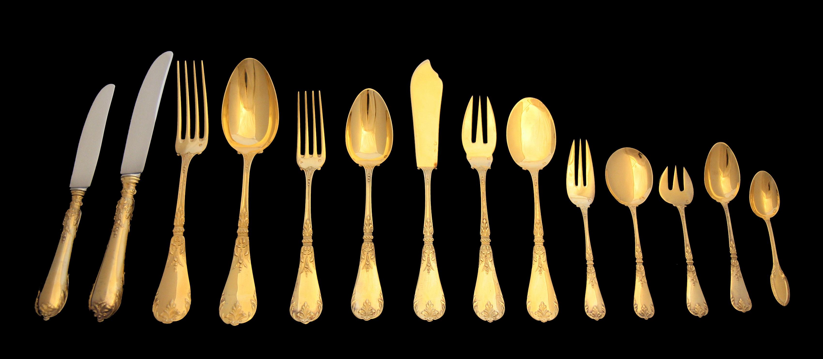Direct from a Private Chateau, a Stunning 184pc. Gold Plated Sterling Silver (Vermeil) Flatware Set by Internationally Known French Silversmiths 