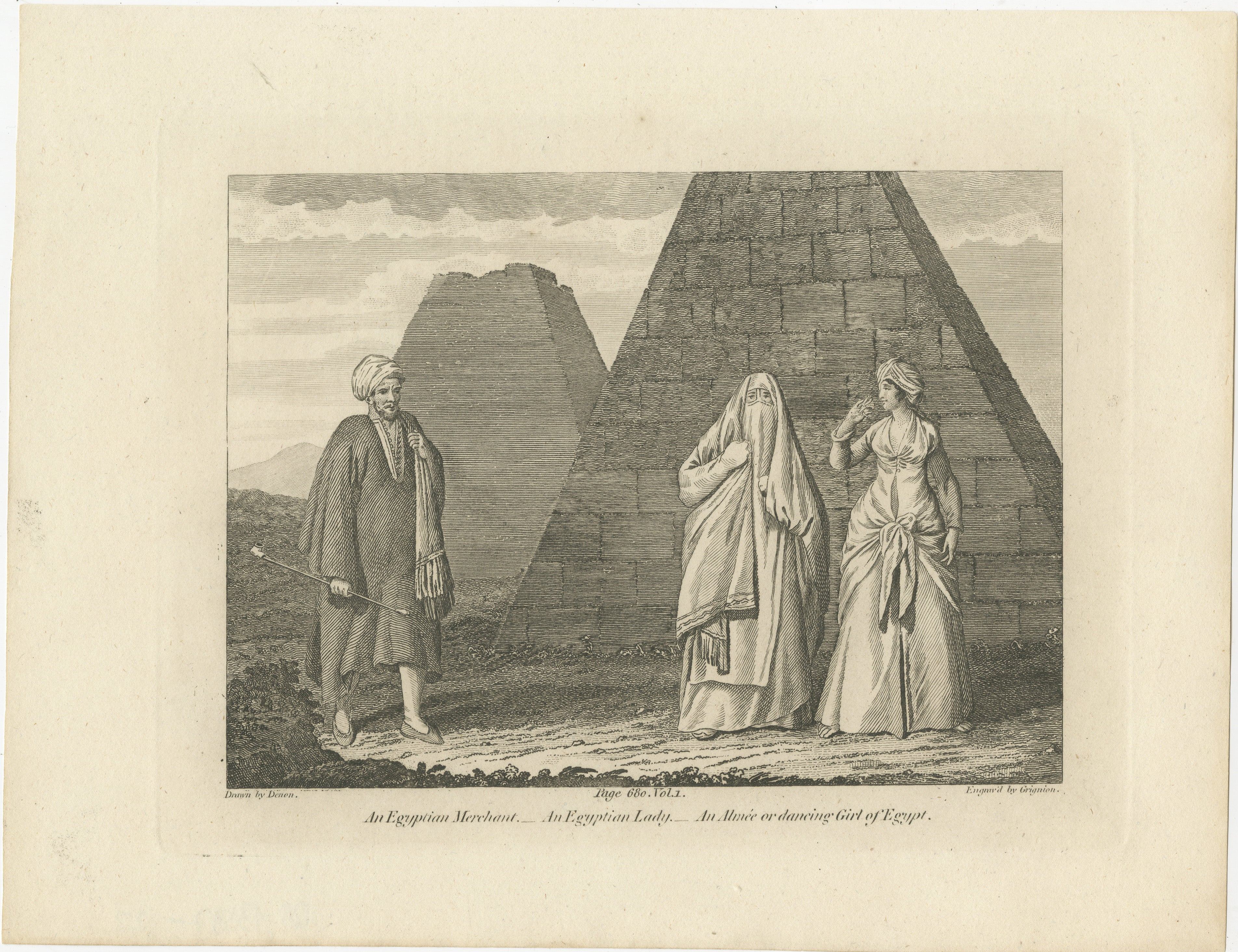 This engraving portrays three distinct figures: an Egyptian Mamluk, an Egyptian lady, and an Almee or dancing girl, representative of Egypt's social diversity. The Mamluk stands prominently, symbolizing military authority, while the women illustrate