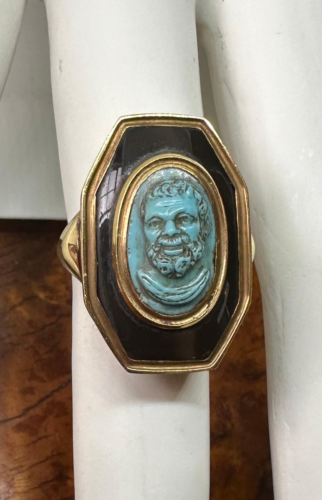 Socrates Turquoise Cameo Ring Black Onyx 18 Karat Gold Museum Quality Victorian For Sale 1