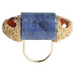 Sodalite and Carnelian Cocktail Ring 14 K in Yellow Gold F, Art Piece